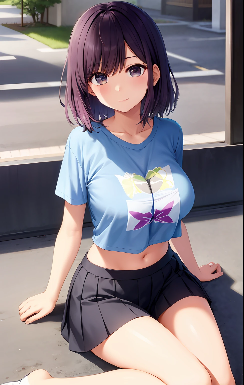 1akane kurokawa,solo,large breasts, cleavage, navel, t-shirt, ((bra)),clothes lift, skirt, lying, full Body,sexy body,sitting