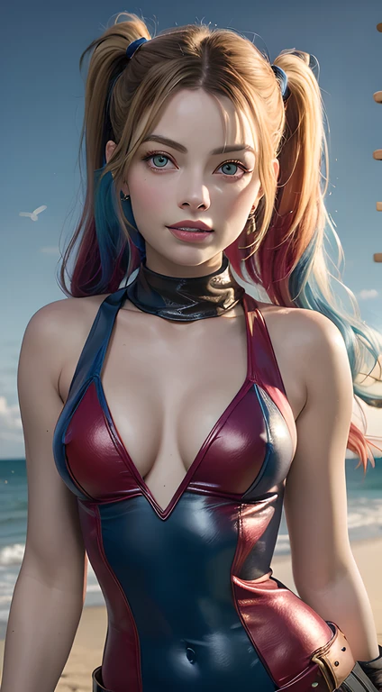 margot robbie as a gorgeous Harley Quinn standing on sand, wind in the hair, (8k:1.2)