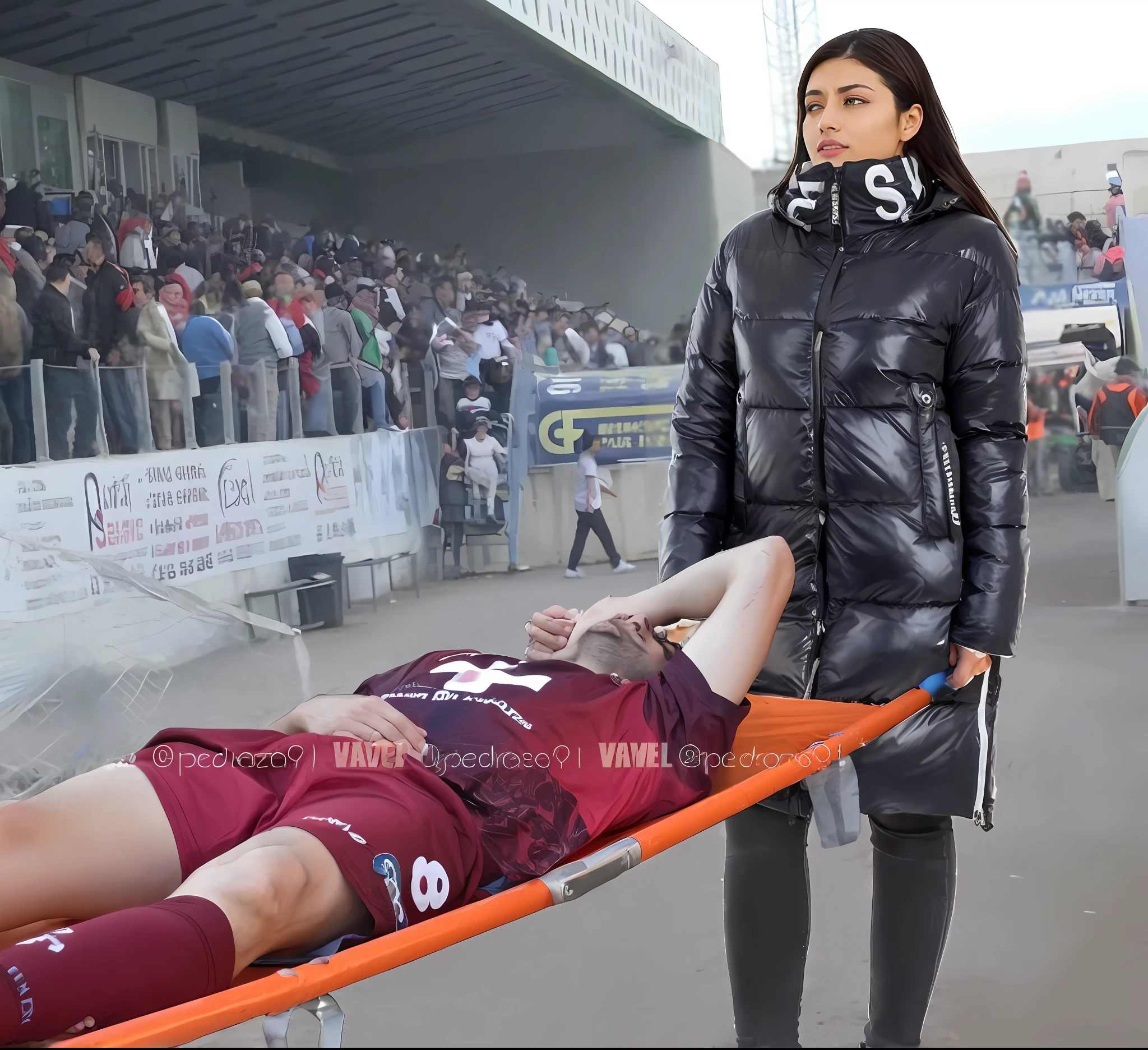 there is a sportsman in white shorts and a white t-shirt lying injured on a stretcher, there is an injured sportsman who is covering his face on a stretcher, an injured sportsman is covering his face with his hands, an injured sportsman is writhing in ecstasy on a stretcher, dramatic pity pose, there is a latino woman in a high-shine puffy coat, a high-shine black down coat, a long black moncler coat, a wetlook down coat, a wet black laquered coat, a latino wife is wearing a wetlook black uniform, injured, medic, laura sava, anna nikonova, very professional, by Dietmar Damerau, alexandra fomina, soccer action pose, affection pose, lecherous action pose, dramatic action pose, theatralic pose, there is an attractive woman that is carrying a skinny man, there is a beautiful woman in a shiny coat who is carrying a blond man in her arms, a longhaired beautiful woman in a high-shine black puffy coat, a longhaired woman in a shiny downcoat, a woman is carrying a shorthaired man who is wearing shorts and a t-shirt, a weak man in spots shorts is consciousless and needs to be carried, a shorthaired man with closed eyes is carried in the arms of a longhaired woman, a woman looks very scared and terrified, a consciousless man with closed eyes is suffering very much and has a very painful face, photo, photo shoot, photographed , accident, help, aid, first aid, pity
