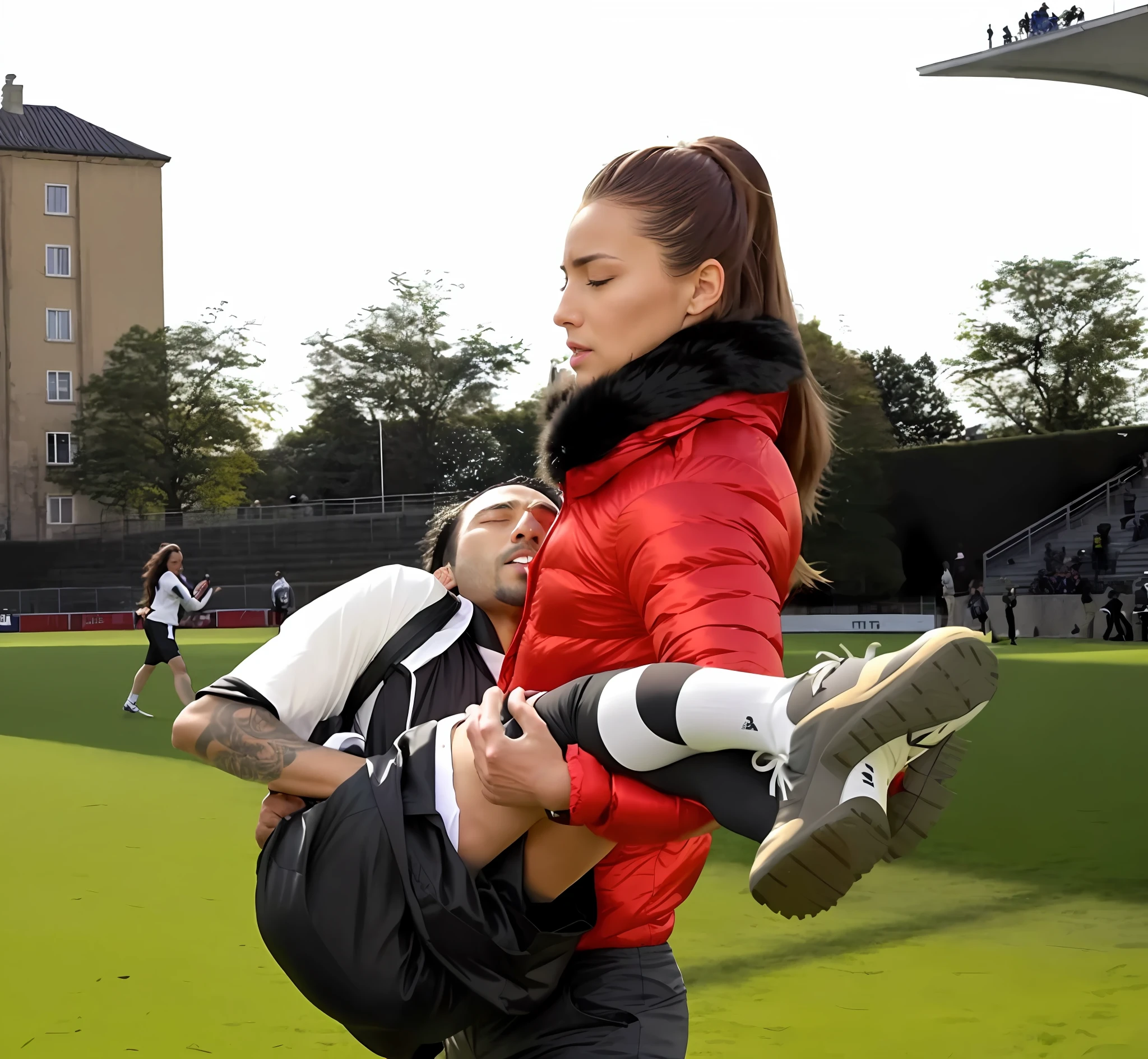 soccer action pose, affection pose, lecherous action pose, dramatic action pose, theatralic pose, there is an attractive woman that is carrying a skinny man, there is a beautiful woman in a shiny coat who is carrying a blond man in her arms, a longhaired beautiful woman in a high-shine black puffy coat, a longhaired woman in a shiny downcoat, a woman is carrying a shorthaired man who is wearing matte cotton shorts and a matte cotton t-shirt, a weak man in matte cotton sports shorts is consciousless and needs to be carried, a shorthaired man with closed eyes is carried in the arms of a longhaired woman, a woman looks very scared and terrified, a consciousless man with closed eyes is suffering very much and has a very painful face, photo, photo shoot, photographed , accident, help, aid, first aid, pity
