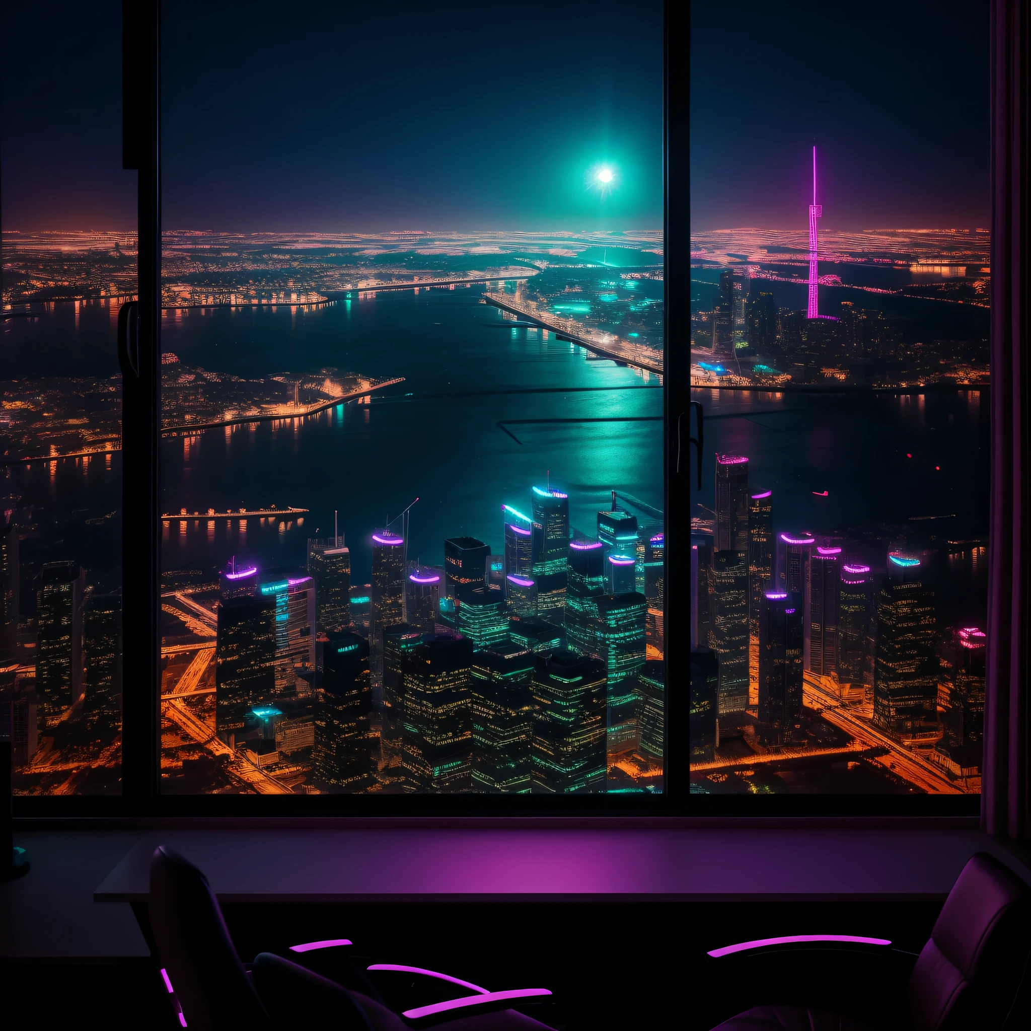 Window view, room, gaming room, city, night, dark, retrowave, lights, neon, 4K, HDR, Realistic