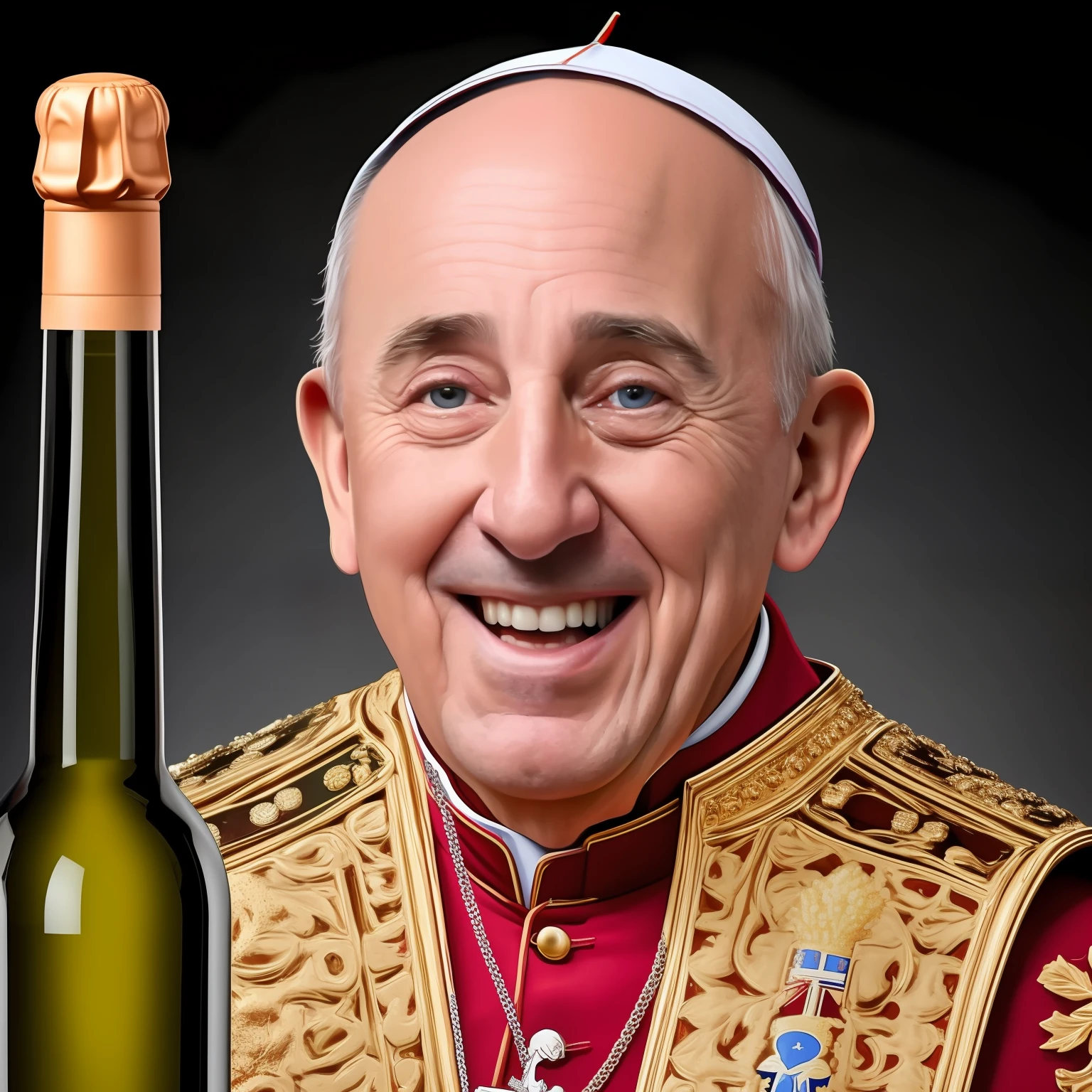 Papa Francisco bebiendo vino desde el pico de la botella ,muy realista, alta calidad, 8k resolution Photorealistic masterpiece