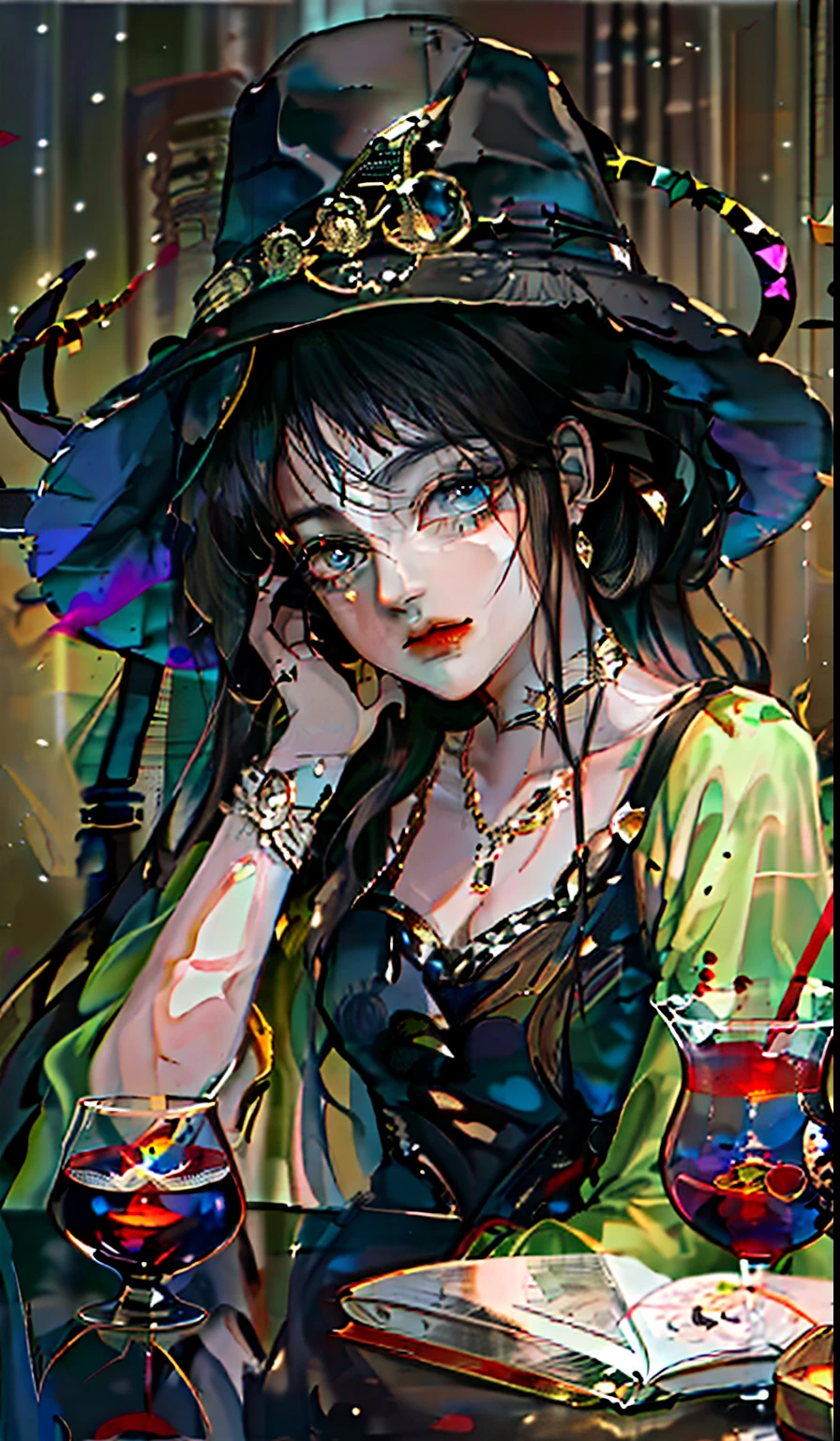 Black long straight girl，Wear a magic hat on your head，Lazy，Goblet in hand，Elbow on the table，Lazy demeanor，The corners of the mouth are raised，Exquisite painting style
