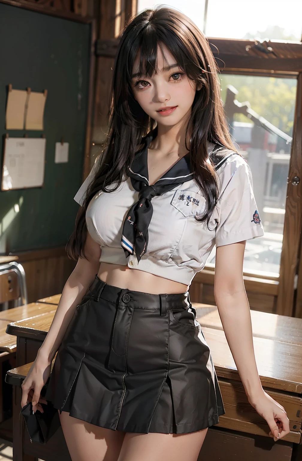 top-quality、masterpiece、超A high resolution、(Photorealsitic:1.4)、Raw photo、女の子1人、Brown hair with bangs、drooing eyes、thin-waist、Colossal tits、Japan schoolgirl sailor suit、Black miniskirt、Inside the classroom、slim figure、Light smile with visible teeth