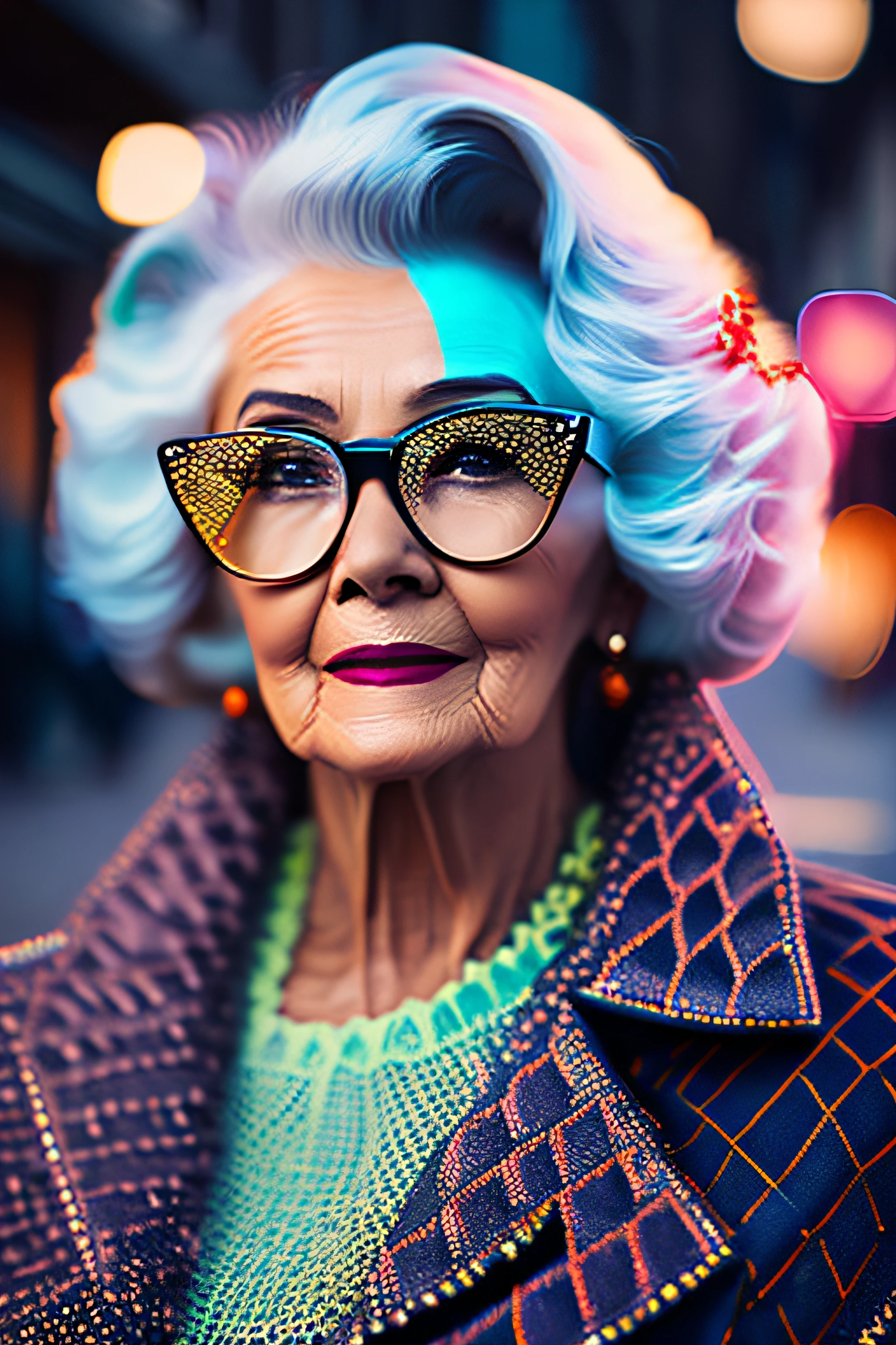(fashionista portrait rather old woman 1950s with intricate colorful modern bright polarized glasses), flufly chlorful hair, smily expression, (Extremely detailed digital photography: 1.2), standing in the middle of the city, ((((full body)))), raw image,, Hasselblad, 50asa, f8, 12mm, glow effects, godrays, Hand drawn, render, 8k, octane render, cinema 4d, blender, dark, atmospheric 4k ultra detailed,  sensual cinematic, sharp focus, humorous illustration, great depth of field, masterpiece, colors, 3d octane rendering, 4k, concept art, trend in artstation, hyperrealistic, vivid colors, rim light, extremely detailed CG 8k wallpaper unit, trend in ArtStation, trend in CGSociety, Pop Art style by Yayoi Kusama, Intricate, High Detail, dramatic
, pure energy, light particles, sci-fi