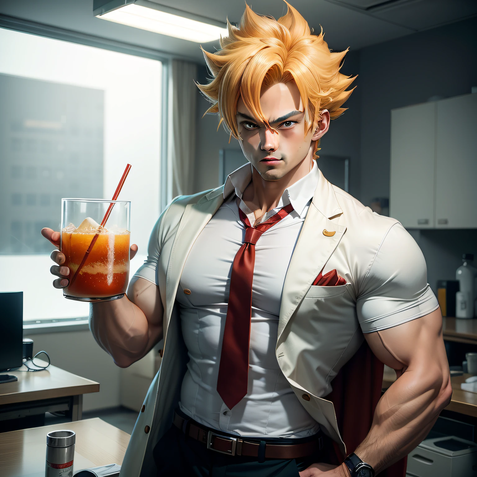 Son Goku,1boy,Artist name,Biceps,blond hairbl,Doctor's white coat,ssmile,red necktie,white shirt,Lab Room,green-eyed,Hold the beaker in your hand,Look at the beaker, malefocus, Muscle men, Muscle men, chest muscle, having fun, 独奏, spiked hair, SuperSaiyan, Super Saiyan 1,, Hold the beaker in your hand, Medical experiments。