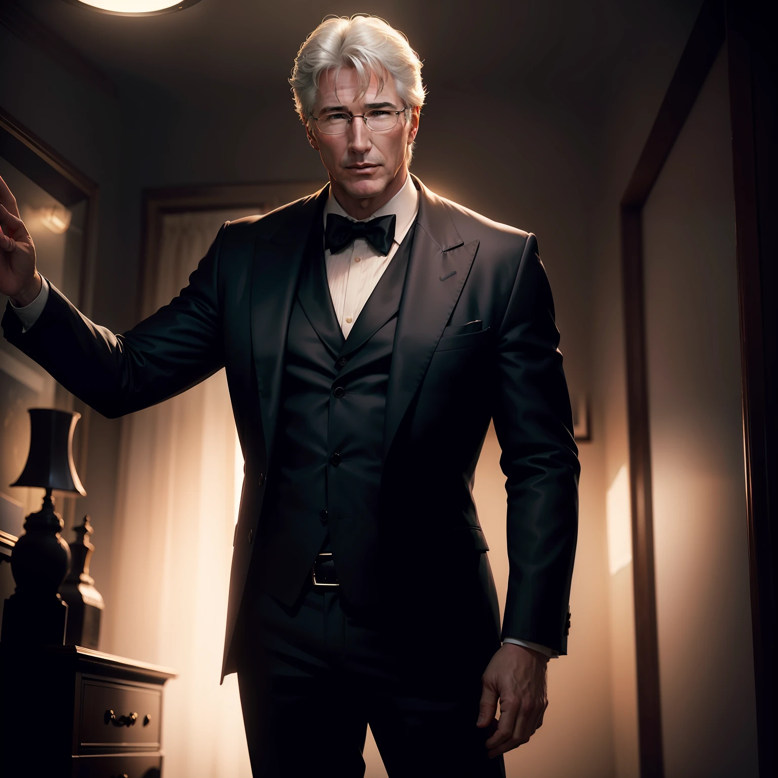 Portrait of a single award-winning photo of Richard Gere posing in a dark studio, (Rim Lighting,: 1.4) two tone lighting, mise au point nette, Teinte sarcelle, octane, unreal, dimly lit, Discret,