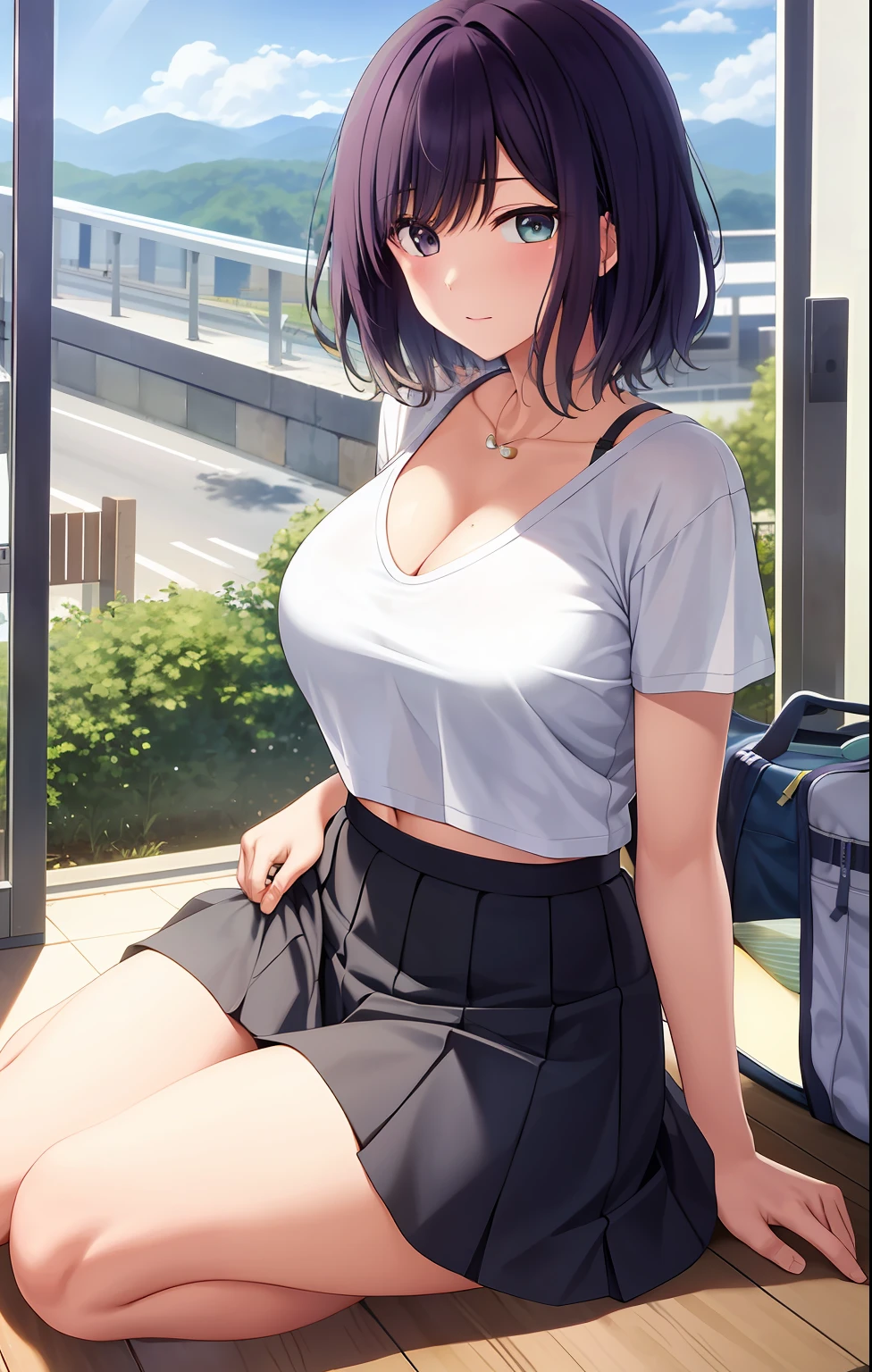 1akane kurokawa,solo,large breasts, cleavage, navel, t-shirt, ((bra)),clothes lift, skirt, lying, full Body,sexy body,sitting