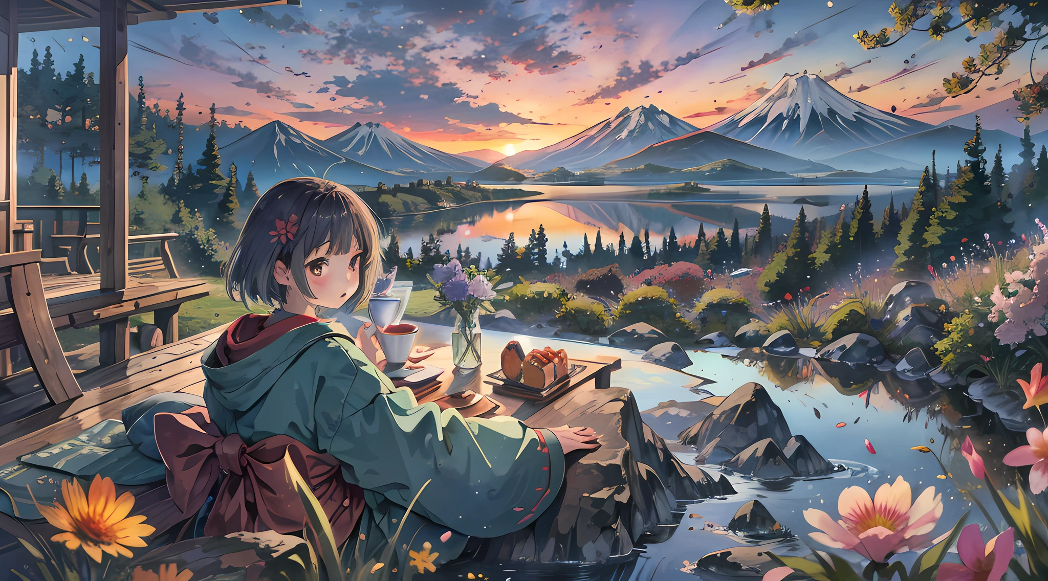 best quality, masterpiece, extremely detailed, detailed background, anime, 1girl, young girl, short girl, hands down, kimono, retro, mount fuji lansdscape, outdoors, sunset, beautiful sky, lake picnic, landscape, scenery, horizon, mountain sitting near mountain, wind, flower petal, looking away, atmospheric lighting, solo focus, close up, from side, depth of field, bokeh