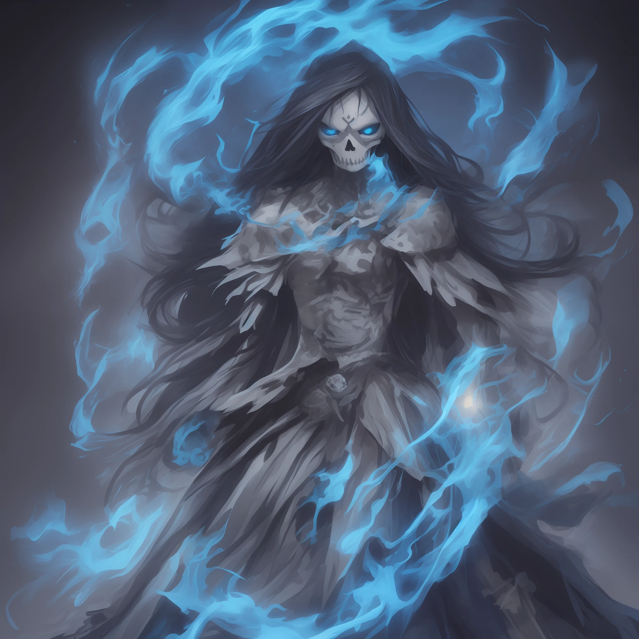 Skelleton, banshee, blue fire, medieval style, long hair, with a ghostly dress, --auto
