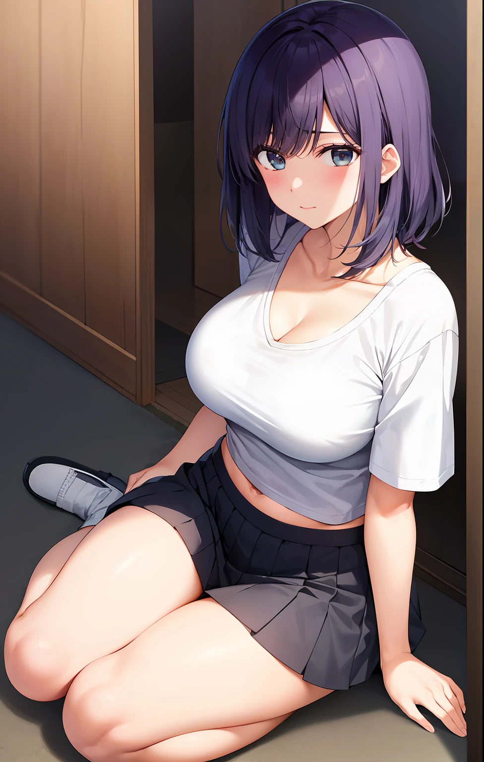 1akane kurokawa,solo,large breasts, cleavage, navel, t-shirt, ((bra)),clothes lift, skirt, lying, full Body,sexy body,sitting