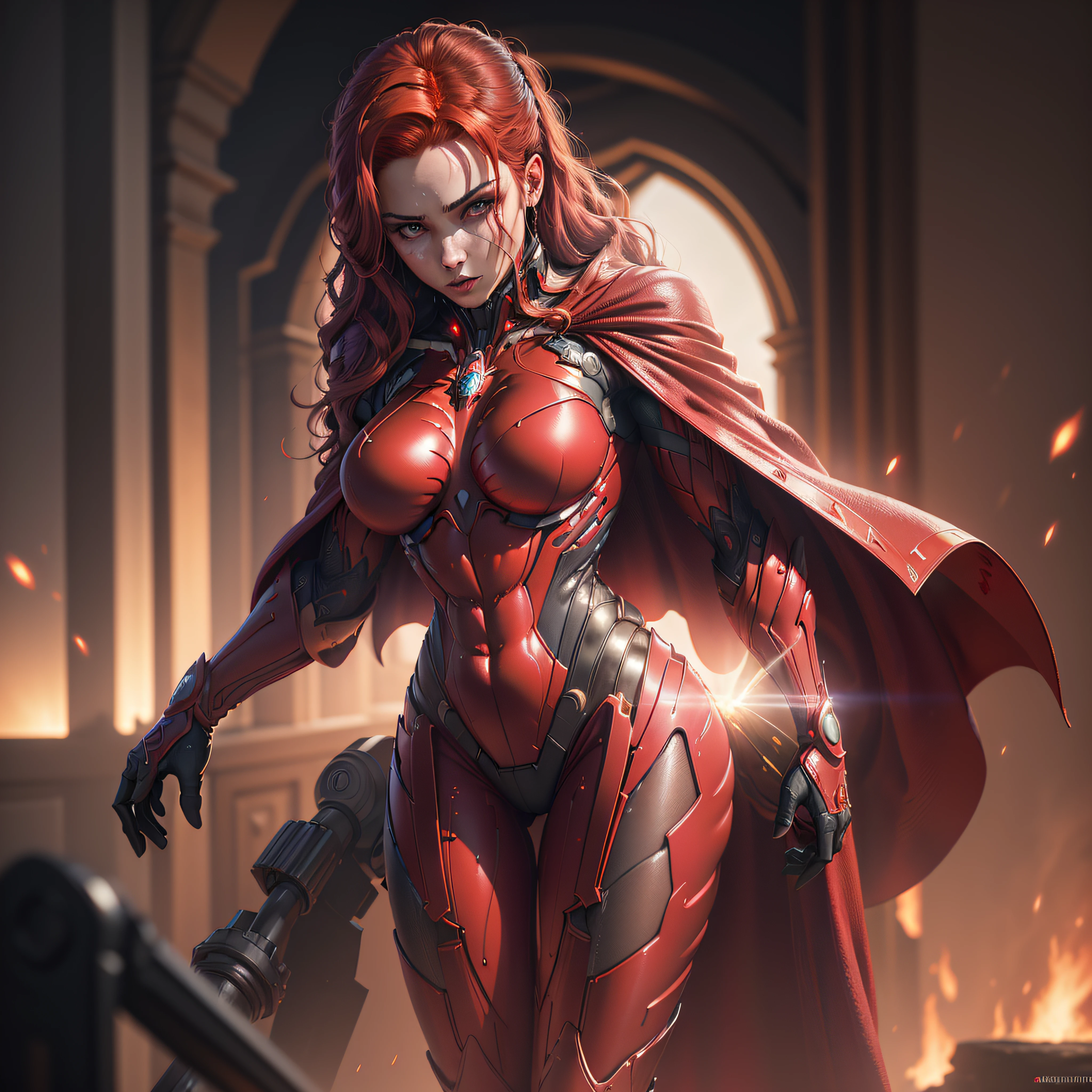 ((Best quality)), ((masterpiece)), (detailed:1.4), 3D, an image of a beautiful Red cyberpunk Scarlet Witch, (((Red hair)))HDR (High Dynamic Range),Ray Tracing,NVIDIA RTX,Super-Resolution,Unreal 5,Subsurface scattering,PBR Texturing,Post-processing,Anisotropic Filtering,Depth-of-field,Maximum clarity and sharpness,Multi-layered textures,Albedo and Specular maps,Surface shading,Accurate simulation of light-material interaction,Perfect proportions,Octane Render,Two-tone lighting,Wide aperture,Low ISO,White balance,Rule of thirds,8K RAW, (((Red crysisnanosuit))) with (((red cape))) (((using magical powers)))