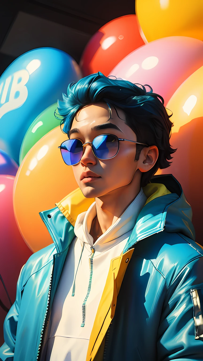 menino, bonito e fofo, wearing blue sunglasses, jaqueta amarela, moletom branco, lots of colorful balloons, babyface, estilo chibi, cabelo vermelho e azul de duas cores, olhos de detalhe perfeito, rosto delicado, CG perfeito, qualidade de imagem HD, Colorful balloons, heaven,