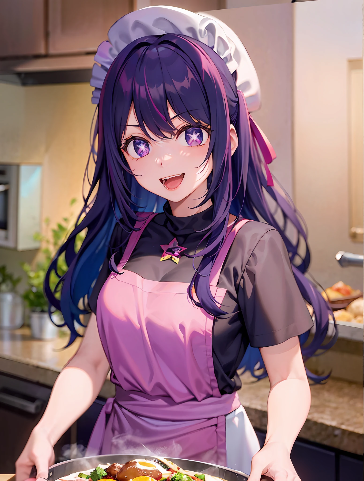 one-girl，Cook（（There is a five-pointed star in the eye））Gorgeous Hair in Long Purple，looki at viewer，Chef costume，chef hat，kitchens，Smile，Open mouth