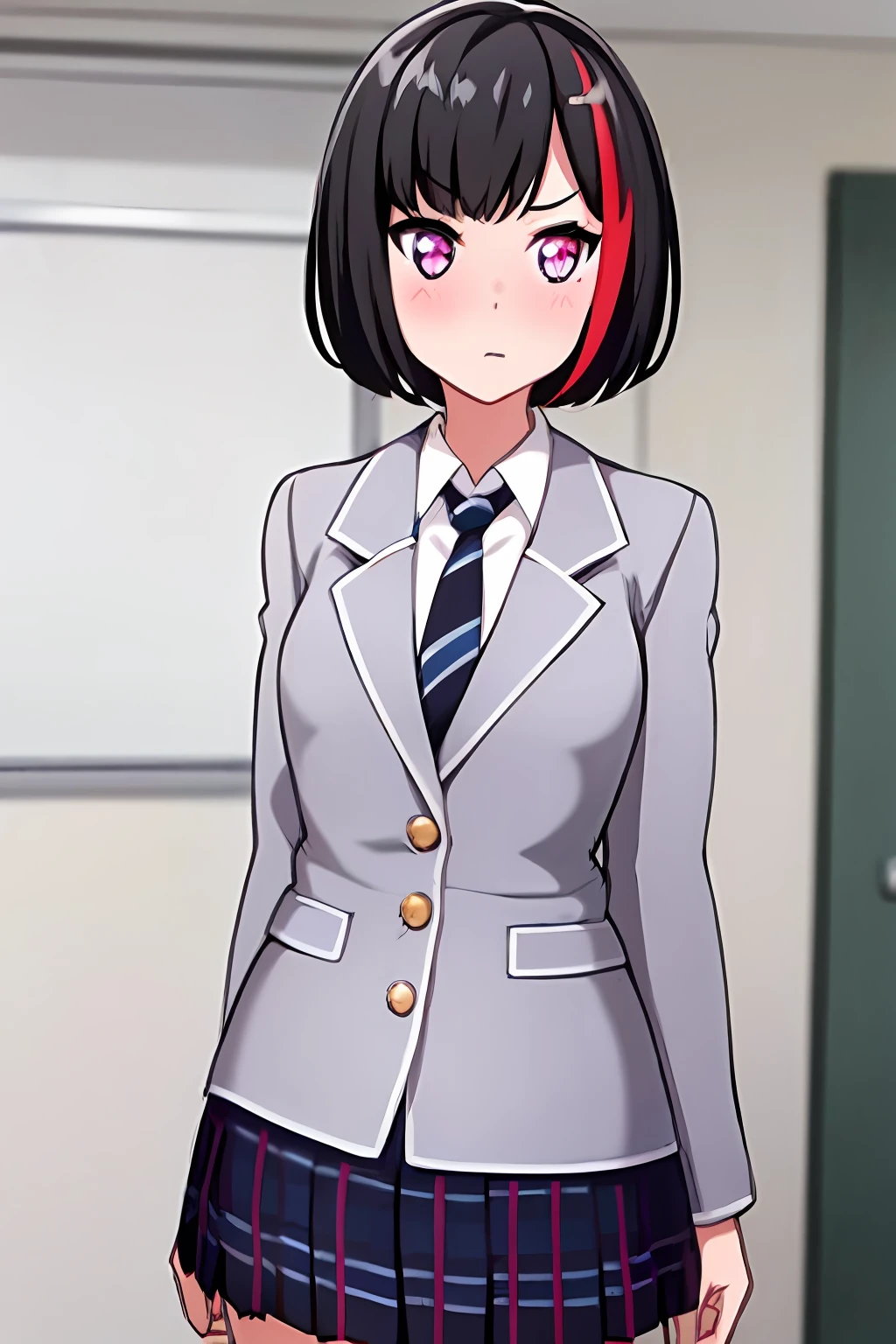 ((Masterpiece, Best quality)),Very detailed, Simple eyes,1girll,full bodyesbian,standing,Medium breasts, class room, Bangs blue_Skirt, Bob_cut, collared_shirt, Grey_Jacket, haneoka_school_uniform, Jacket, Long_Sleeves, Looking_at_peeping at the viewer, Mitake_ran, black_Hair, Multicolored_Hair, tiese,tartan, tartan_Skirt, pleated_Skirt,school_uniform, shirt, short_Hair, Skirt, Solo, streaked_Hair, streaked, White_shirt