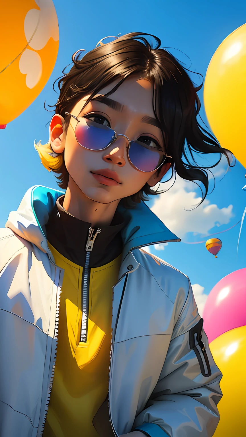 menino, bonito e fofo, wearing blue sunglasses, jaqueta amarela, moletom branco, lots of colorful balloons, face, estilo chibi, cabelo vermelho e azul de duas cores, olhos de detalhe perfeito, rosto delicado, CG perfeito, qualidade de imagem HD, Colorful balloons, heaven,