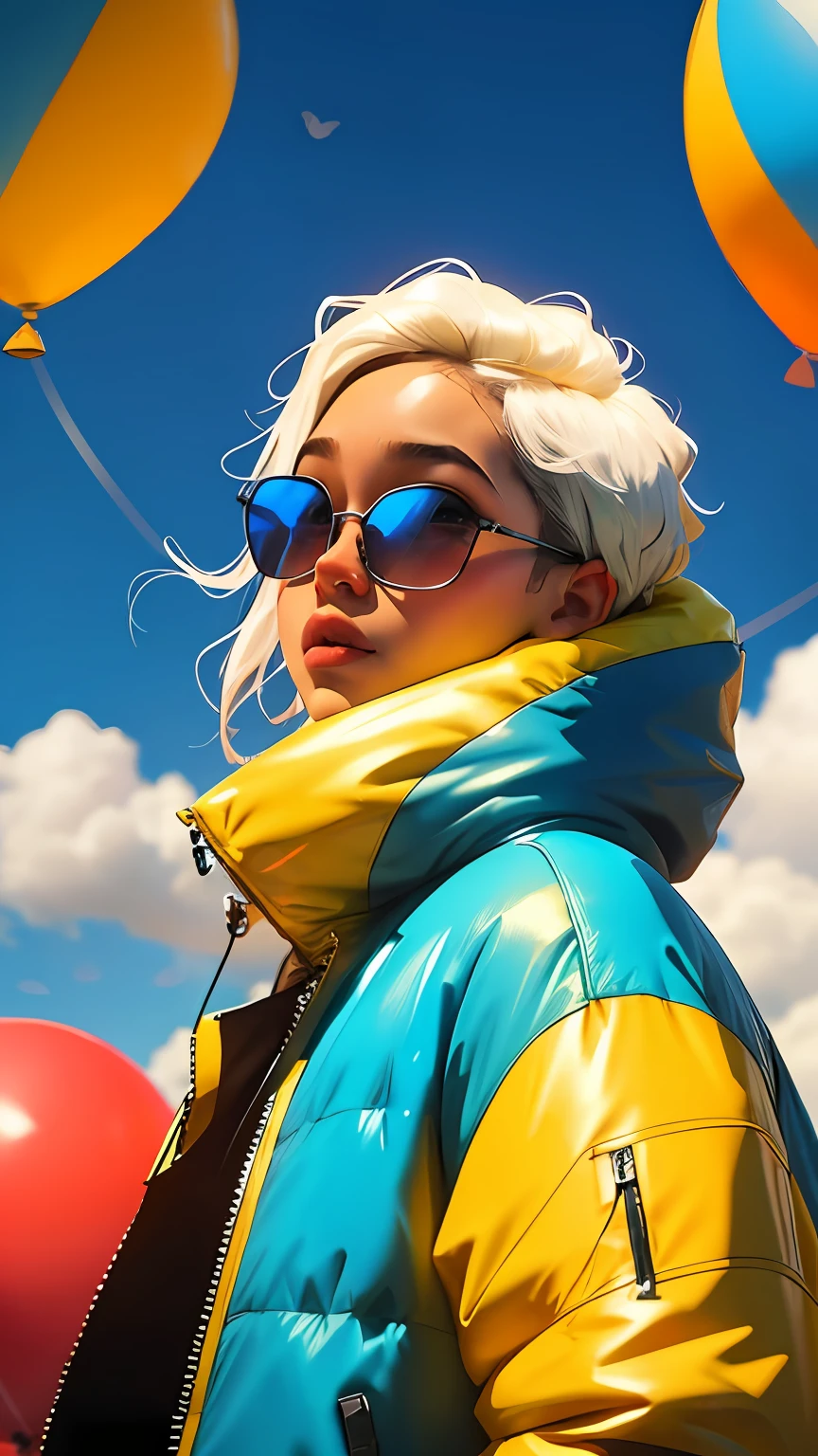 menino, bonito e fofo, wearing blue sunglasses, jaqueta amarela, moletom branco, lots of colorful balloons, babyface, estilo chibi, cabelo vermelho e azul de duas cores, olhos de detalhe perfeito, rosto delicado, CG perfeito, qualidade de imagem HD, Colorful balloons, heaven,