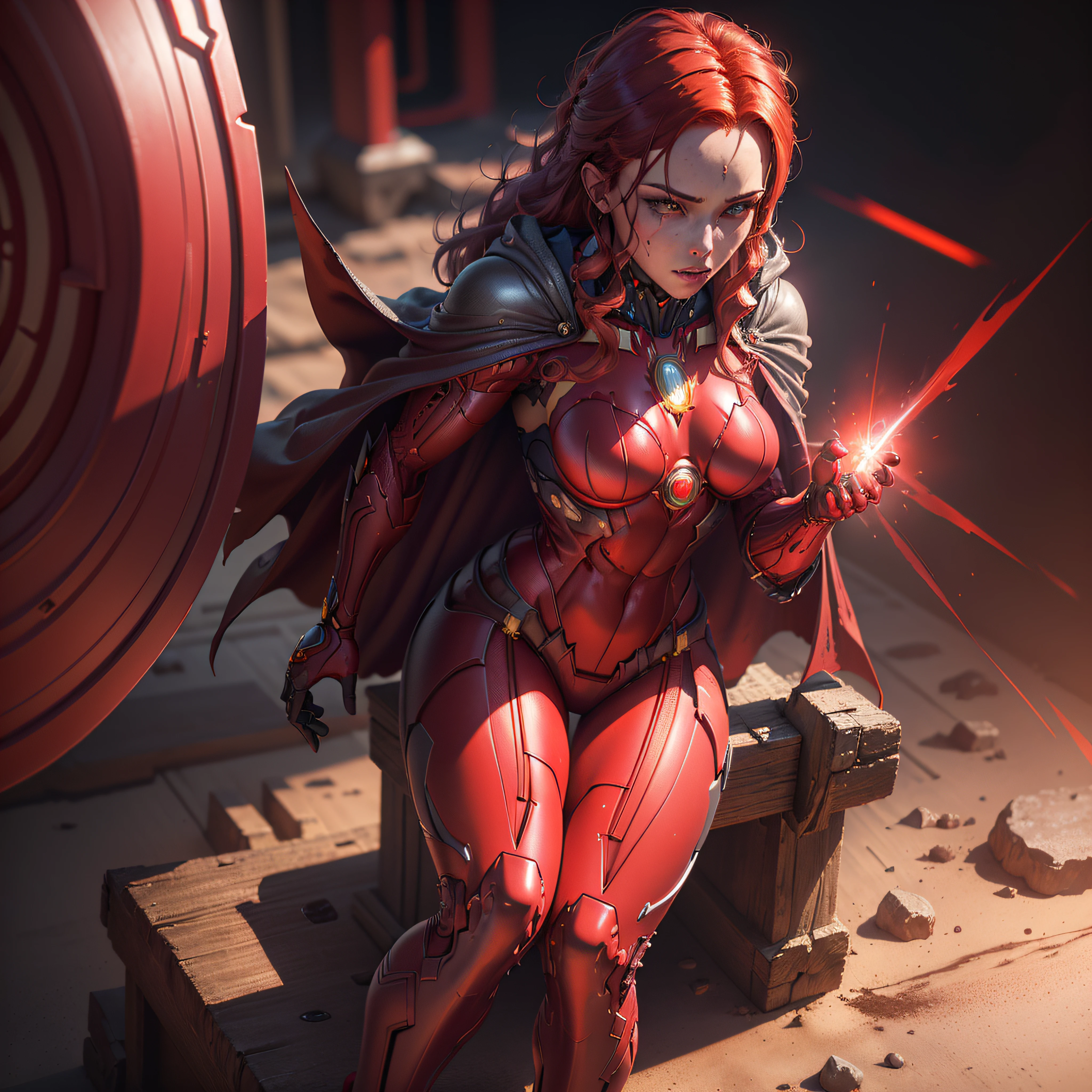 ((Best quality)), ((masterpiece)), (detailed:1.4), 3D, an image of a beautiful Red cyberpunk Scarlet Witch, (((Red hair)))HDR (High Dynamic Range),Ray Tracing,NVIDIA RTX,Super-Resolution,Unreal 5,Subsurface scattering,PBR Texturing,Post-processing,Anisotropic Filtering,Depth-of-field,Maximum clarity and sharpness,Multi-layered textures,Albedo and Specular maps,Surface shading,Accurate simulation of light-material interaction,Perfect proportions,Octane Render,Two-tone lighting,Wide aperture,Low ISO,White balance,Rule of thirds,8K RAW, (((Red crysisnanosuit))) with (((red cape))) (((using magical powers)))