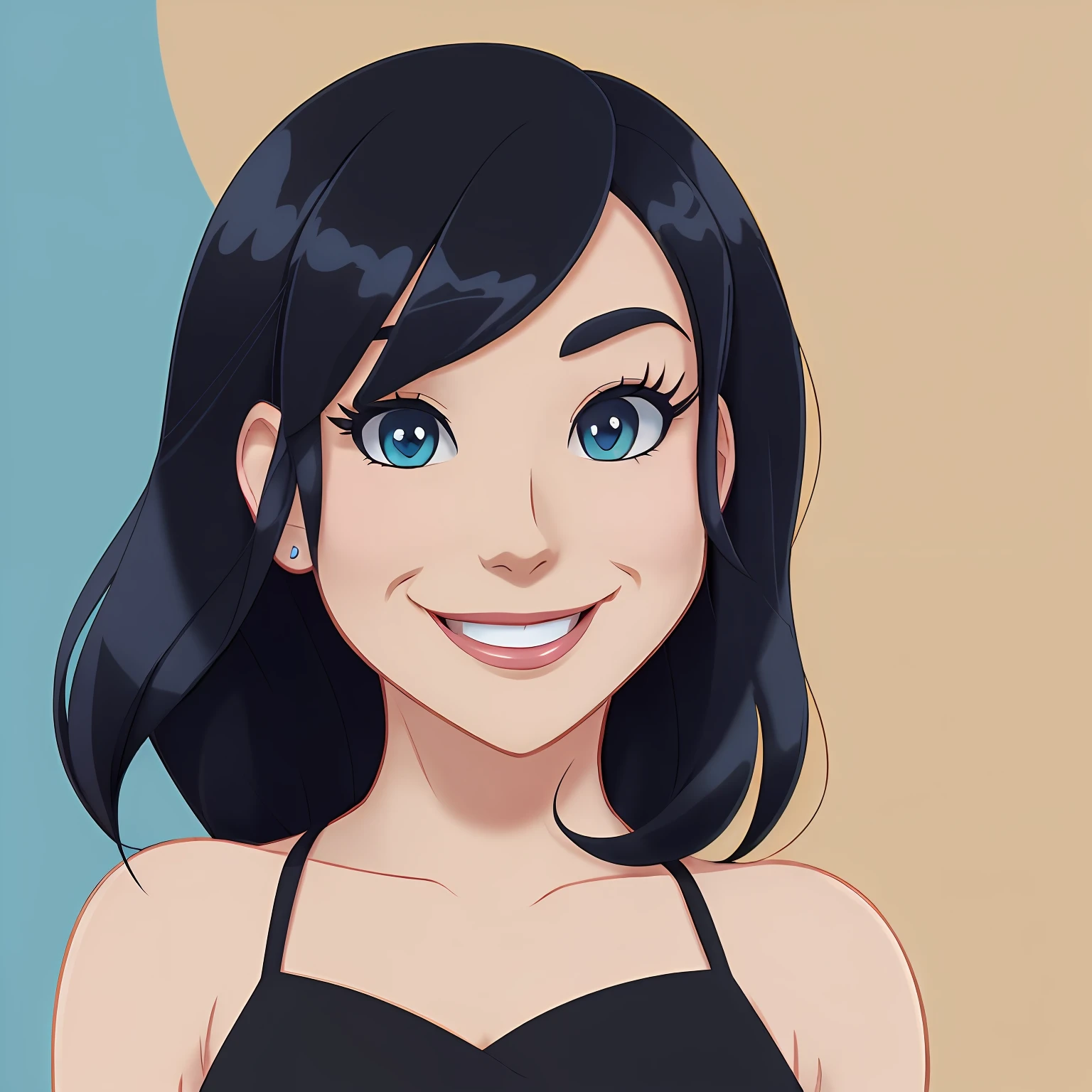 milf middle aged cartoonish disney-like animated woman, 2d,beautiful, smiling, Black hair, solo, looking at viewer