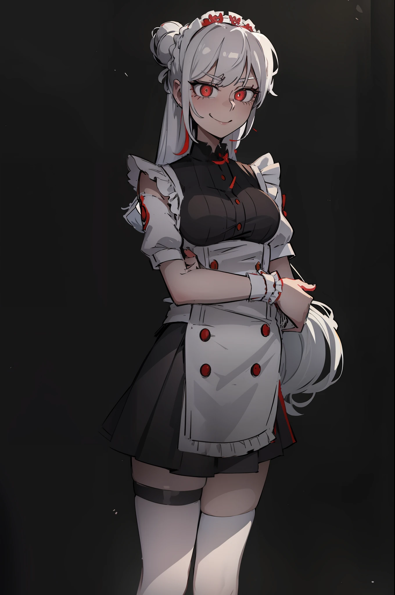 multicolored, long white hair, hair bun, red pupils, 1girl, cute, smug, smile, maid outfit, big breasts, short skirt, thigh high