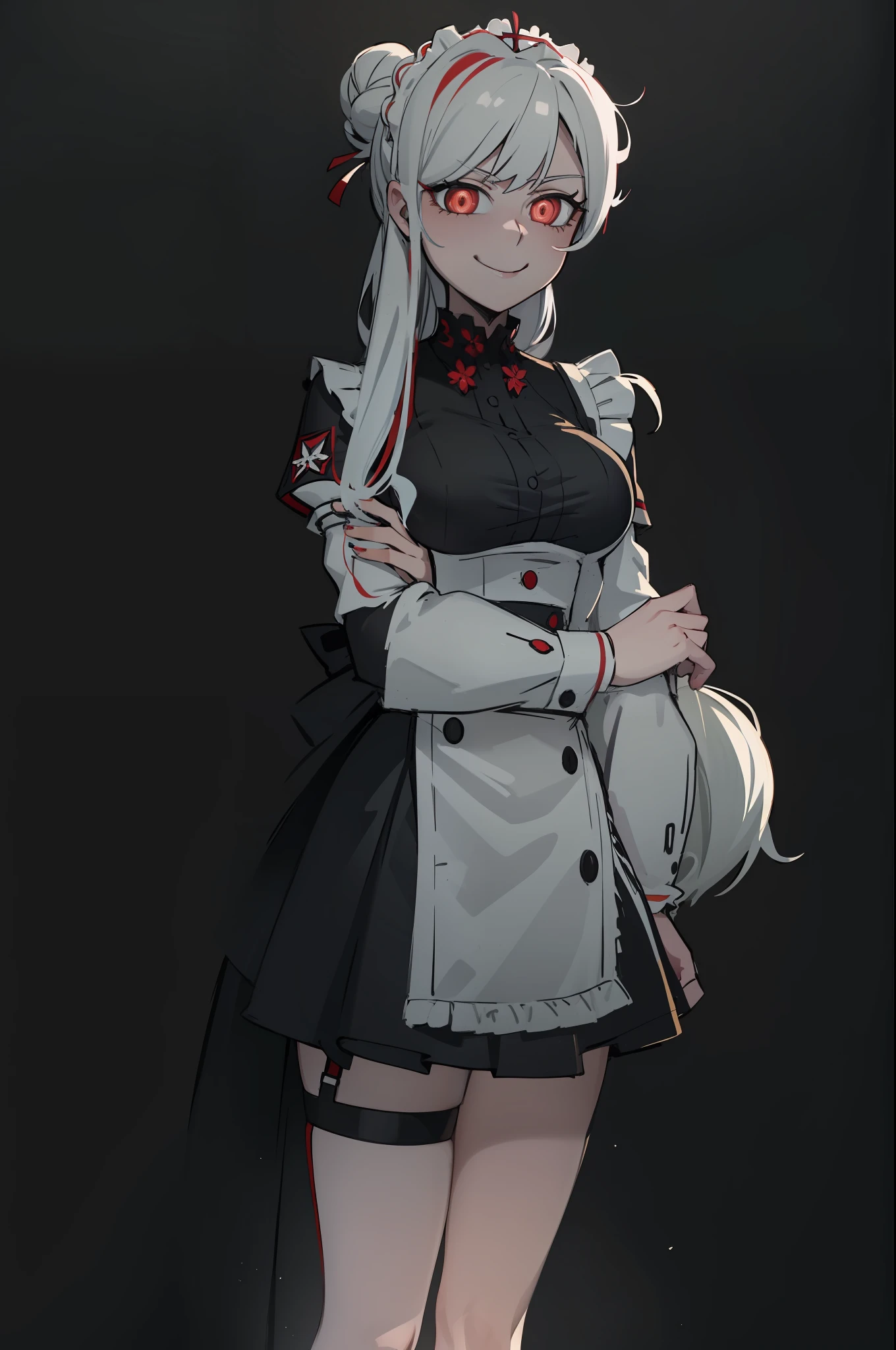 multicolored, long white hair, hair bun, red pupils, 1girl, cute, smug, smile, maid outfit, big breasts, short skirt, thigh high
