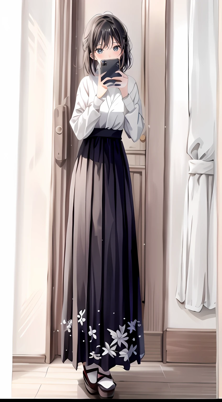 Arad woman in long dress takes a selfie in the mirror, Hanfu, Hanbok, hanbok apron, hakama kimono, intricate hakama, Japanese clothes, wearing hakama, korean hanbok, traditionalcostumes, Long skirt, traditional garb, 8K!!, japanese-inspired, 2 5 6 x 2 5 6,the detail,hyper realisitc,hyper-detailing