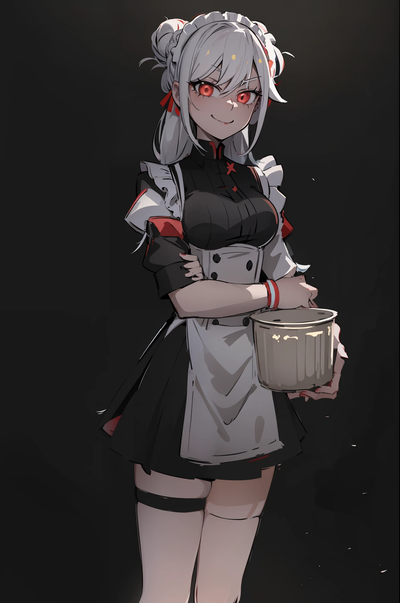 multicolored, long white hair, hair bun, red pupils, 1girl, cute, smug, smile, maid outfit, big breasts, short skirt, thigh high
