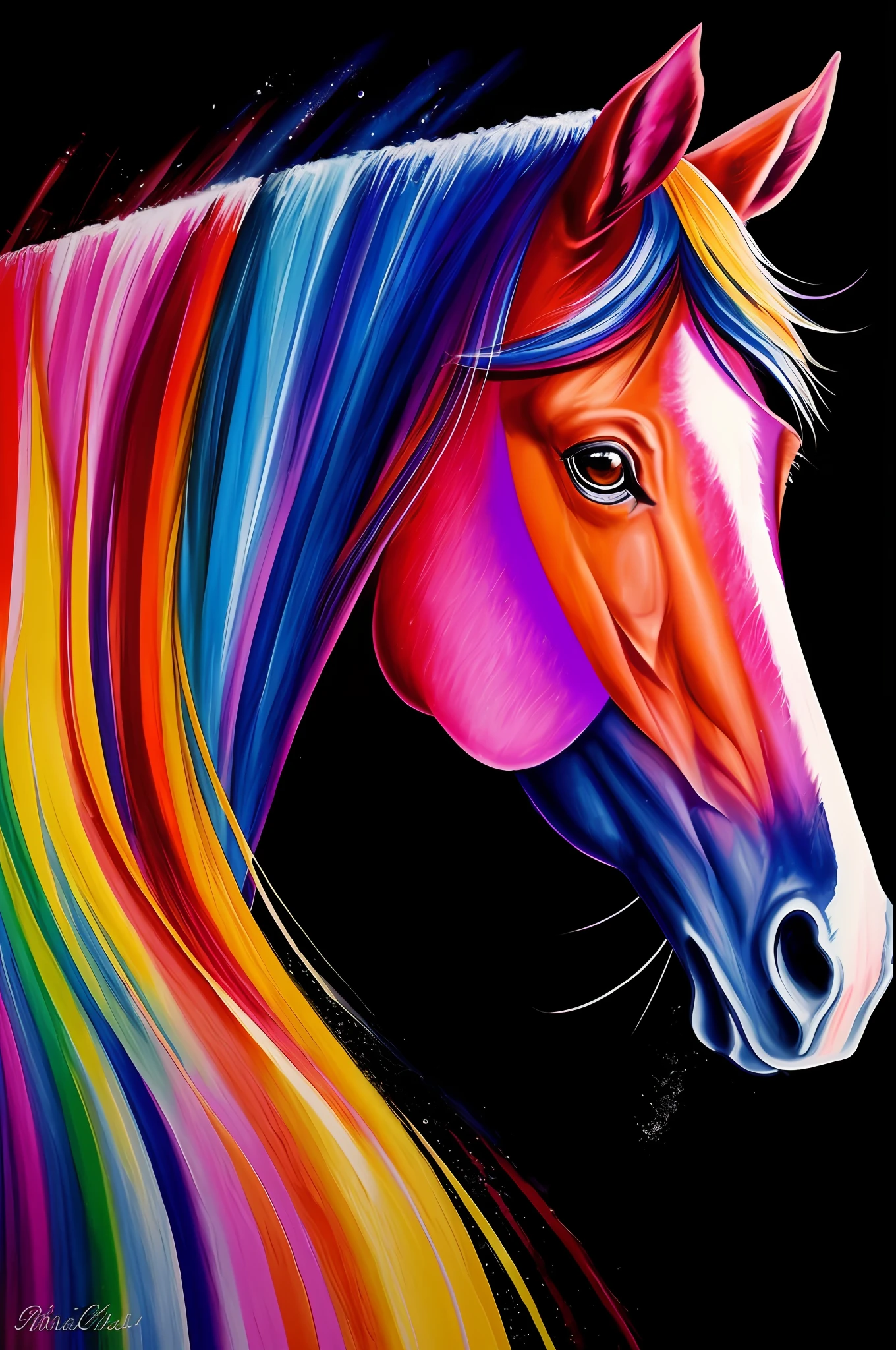 a painting of a colorful horse on a black background, breathtaking rendering, within a radiant connection, inspired by Kinuko Y. Craft,, magical elements, wow, is beautiful, casting a multi colorful spell, bright flash, flash
