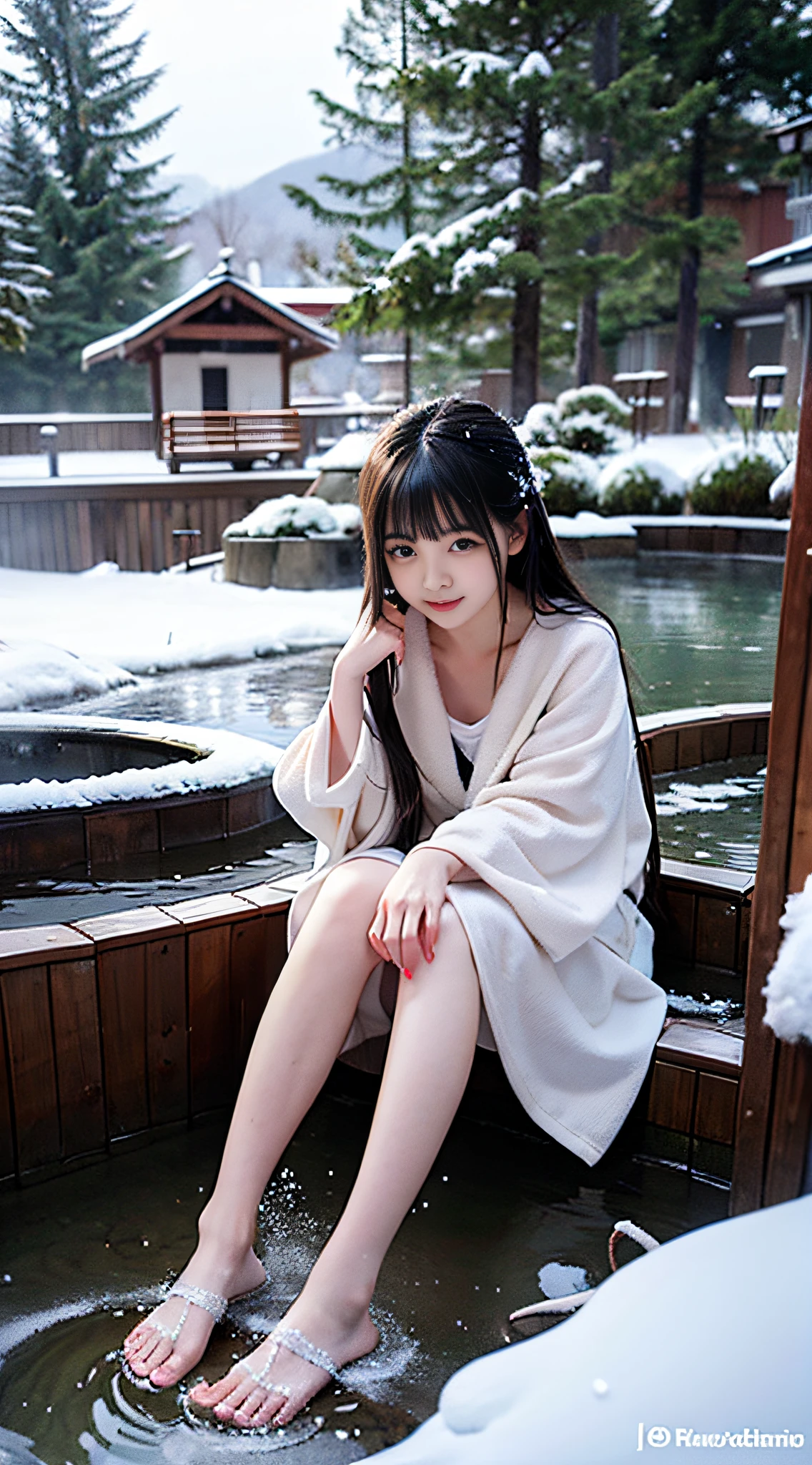 Beautiful little girl bathing in outdoor hot spring、It's snowing,18yo、sodden