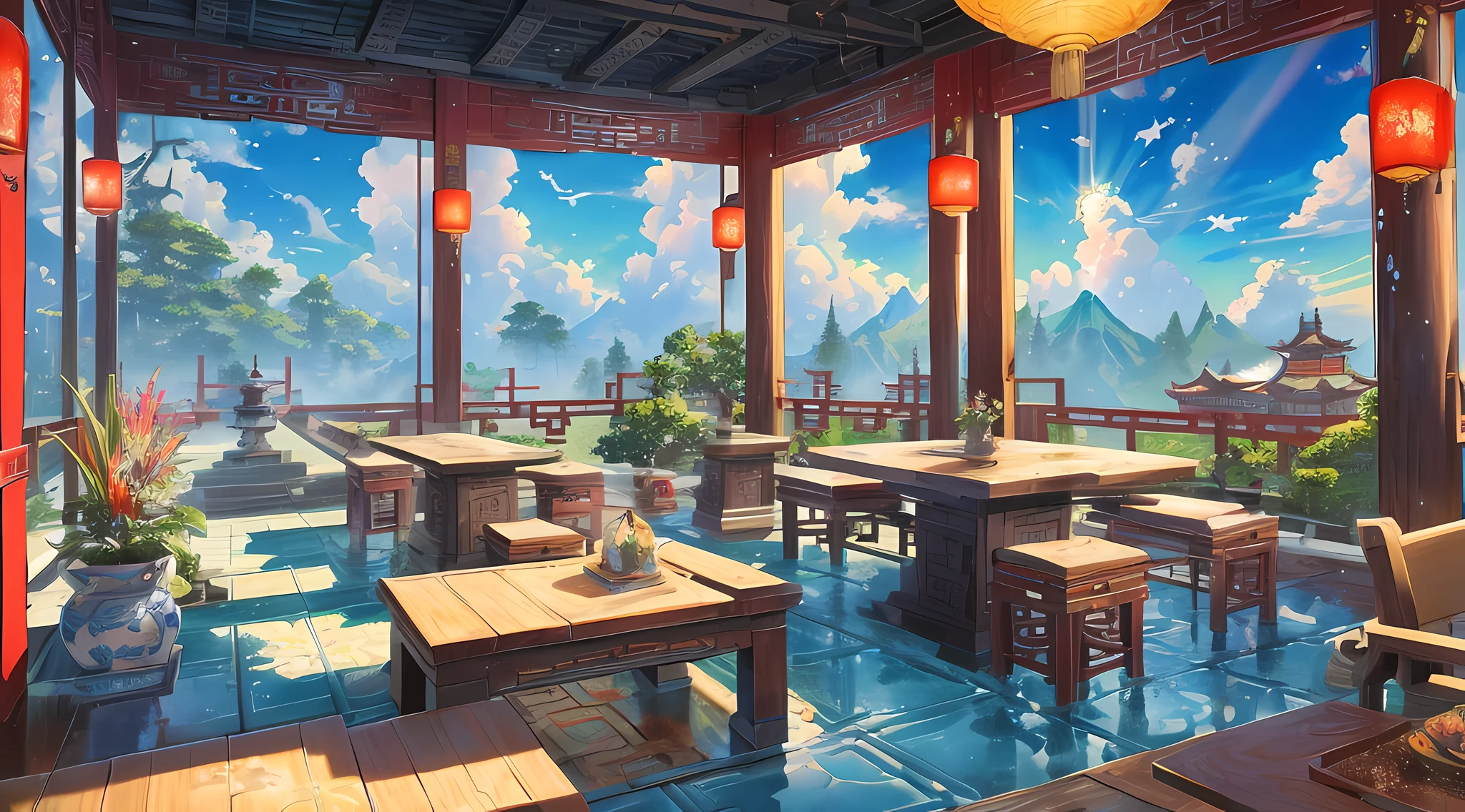 The game scene, the ancient Chinese palace is located above the clouds, surrounded by clouds and mist, majestic, glazed tiles, colorful rays of light, ((color ink)),((splash ink)),((splash ink) ink}) ), masterpiece, high quality, Refined graphics, high detail