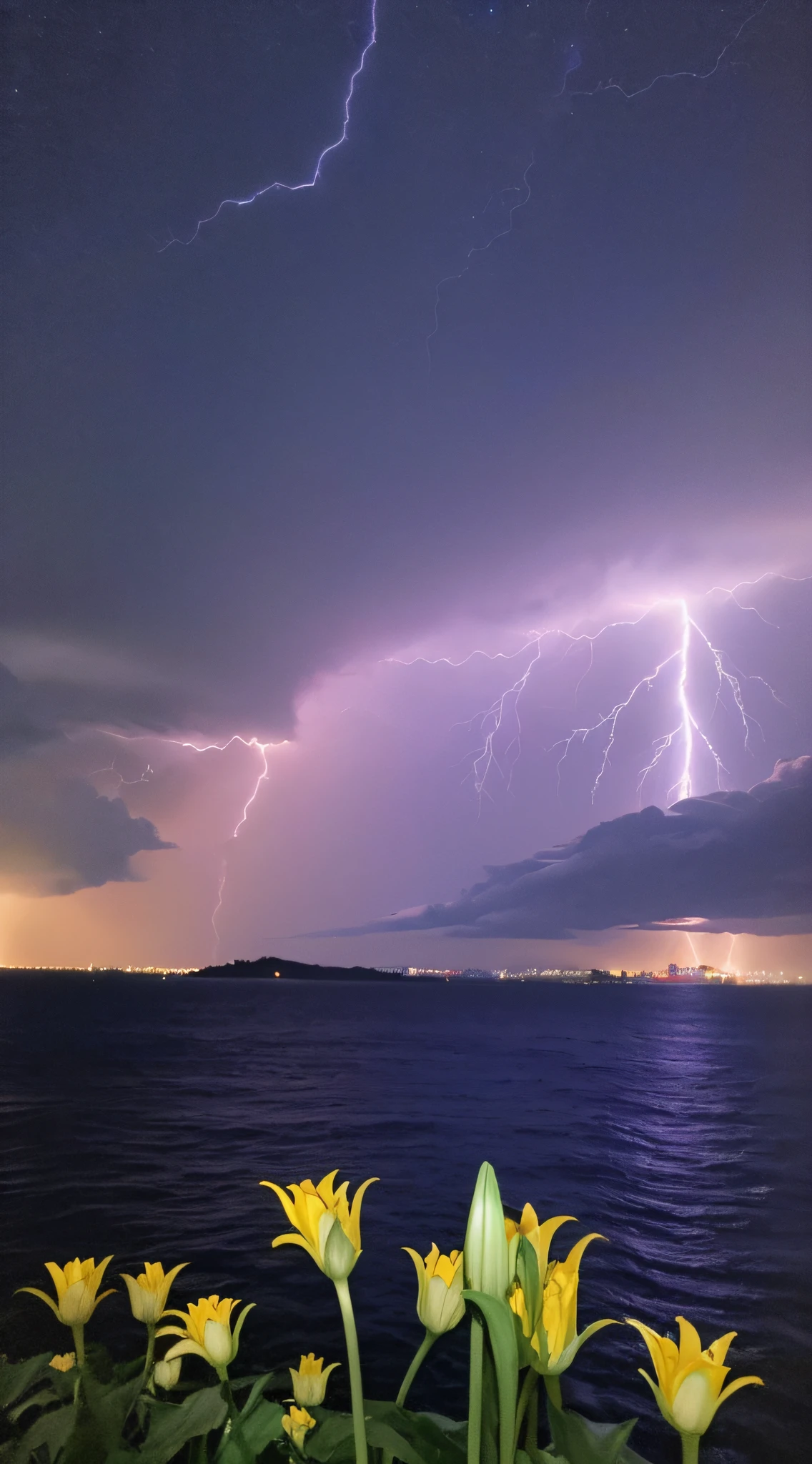 (Best quality1.2、An ultra-high picture quality:1.2、Crisp focus:1.2)(realisitic、photo- realistic:1.4)、nights、sensitive、Blue Earth、Blue Sea、Red light、Intense clouds of lightning、A large number of lightning、Dazzling light、Blue-violet lightning, (white lily, red lily, black lily)
