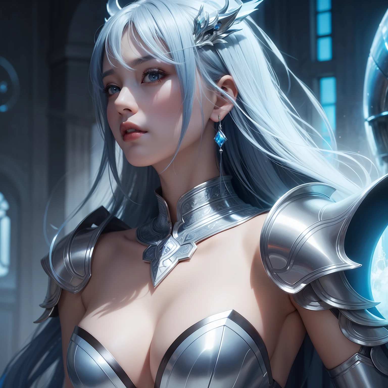 a close up of a woman in a silver and blue dress, chengwei pan on artstation, by Yang J, detailed fantasy art, stunning character art, fanart best artstation, epic exquisite character art, beautiful armor, extremely detailed artgerm, detailed digital anime art, artgerm on artstation pixiv, armor girl