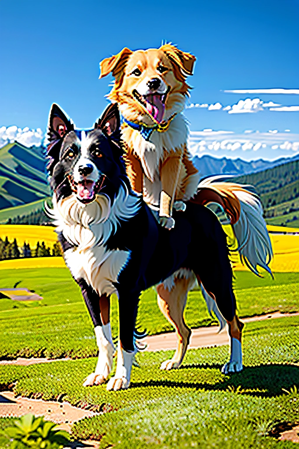 A golden-colored border collie,Stand on top of the blue BJ40 buggy,Tibetan steppe,A blue sky,happy dog