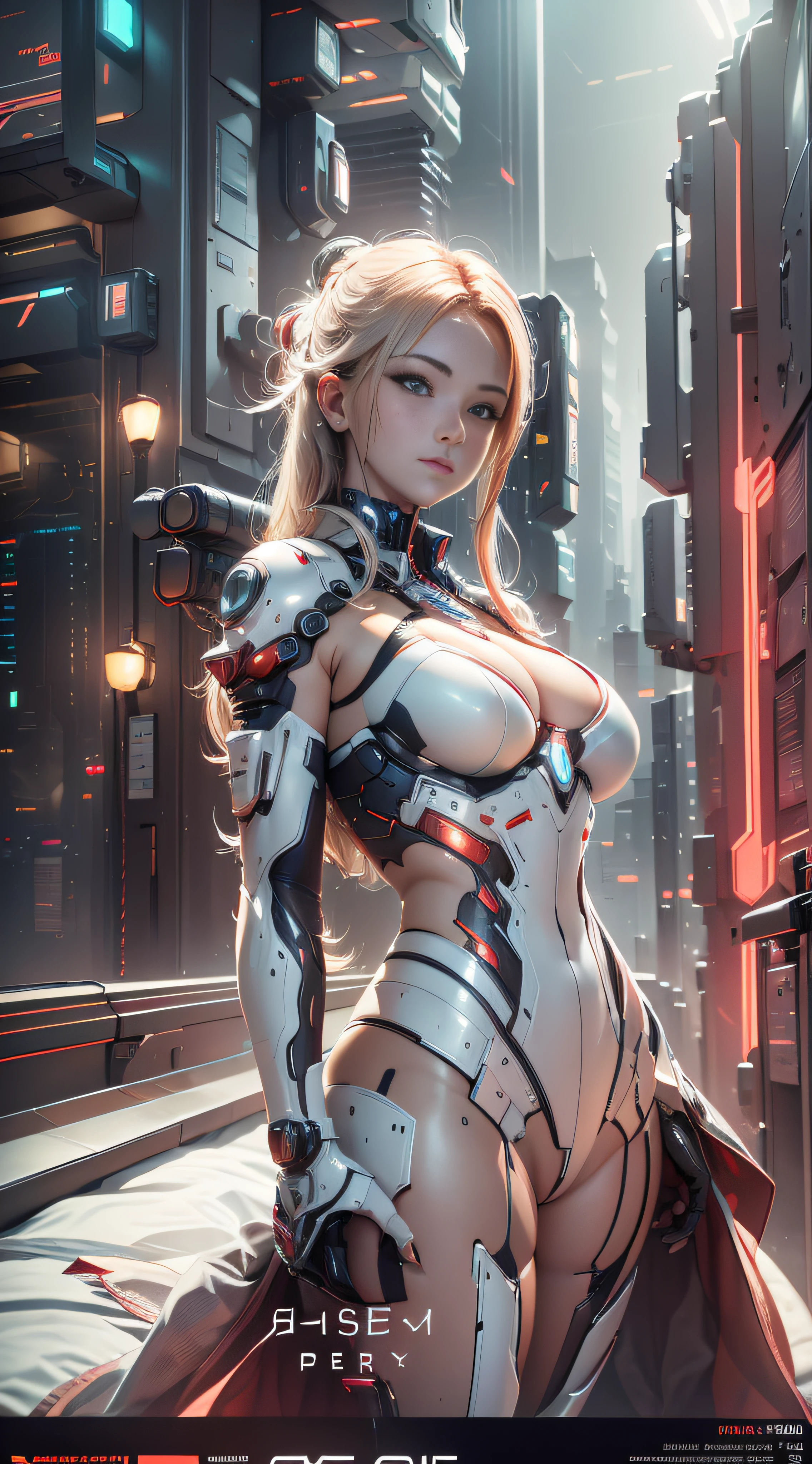 Highest image quality,Outstanding details,超高分辨率,(Fidelity:1.4),The best illustration,Favor the details,closeup cleavage,A mech girl,He has a delicate and beautiful face,((Red and white semi-mechanical body:1.8)),Raised sexy,cleavage,frontage,cyber punk perssonage,Futuristic,mechanically aesthetic,Complex machinery,The background is a high-tech lighting scene in the future city,Virtual Engine 5,Perfect detail rendering,rendering by octane,hyper HD