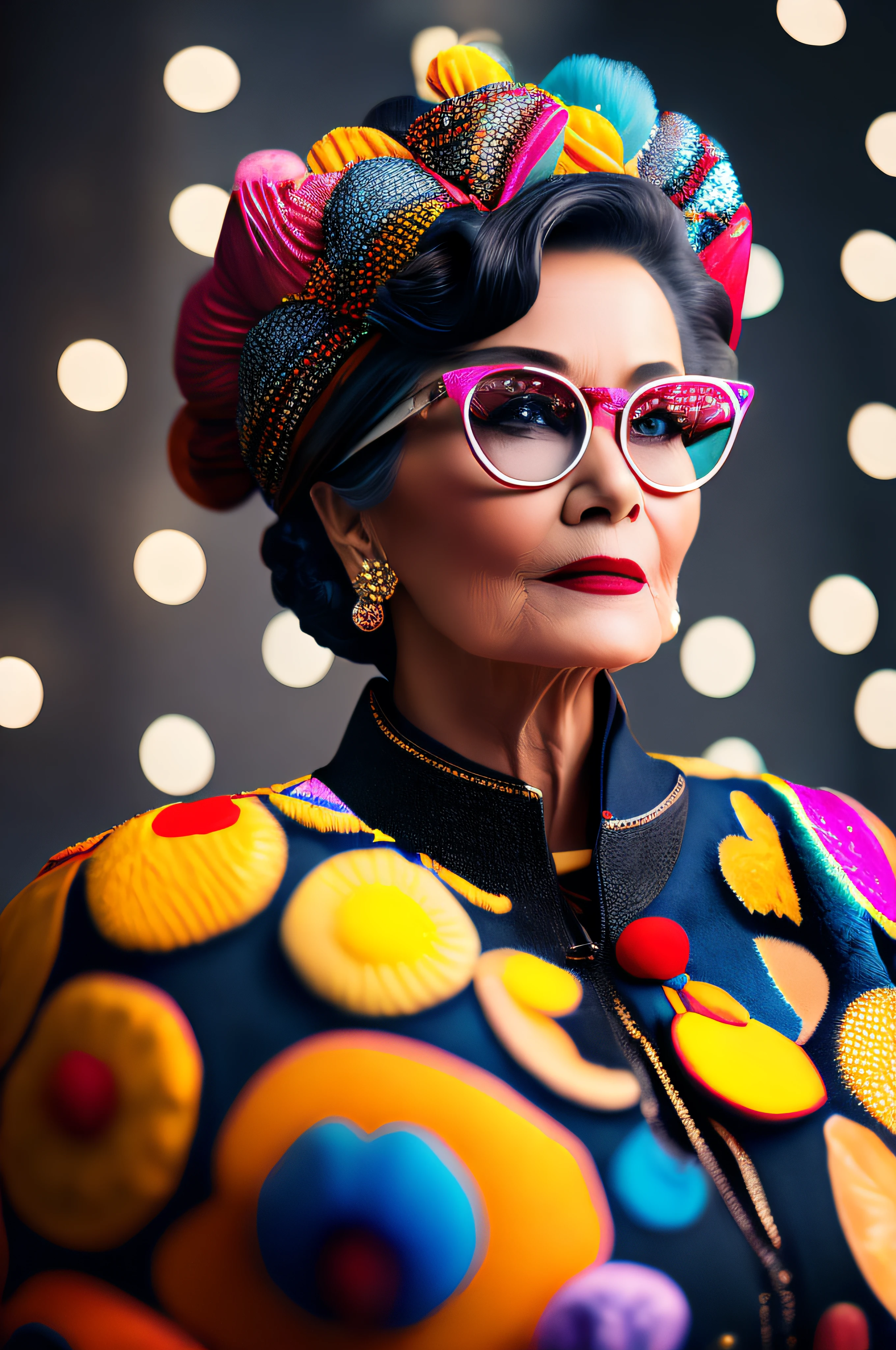 (fashionista portrait WOMAN WITH 90 YEARS, 1950s with intricate colorful modern bright colored vintage colored glasses), hair with colorful flowers, expression would be, (extremely detailed digital photography: 1.2), standing in the middle of the city, (((full body)))), raw image,, Hasselblad, 50asa, f8, 12mm, glow effects, godrays, hand drawn, render, 8k, octane render, cinema 4d, blender, dark,  atmospheric 4k ultra detailed, sensual cinematic, sharp focus, very serious illustration great depth of field, masterpiece, colors, 3d octane rendering, 4k, concept art, trend in artstation, hyperrealistic, vivid colors, rim light, extremely detailed CG 8k wallpaper unit, trend in ArtStation, trend in CGSociety, Pop Art style by Yayoi Kusama, Intricate, High Detail,  dramatic, pure energy, light particles, sci-fi