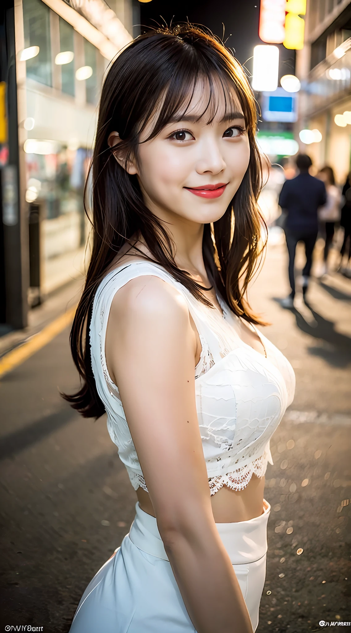(8k, RAW photo, best quality, masterpiece: 1.2), (realistic, photorealistic photo: 1.37), professional lighting, photon mapping, light energy transfer, low cut, big breasts, ((slightly fat)), korean girl, background walking on city night, lace, long skirt, small white shoes, highly detailed face and skin texture, delicate eyes, double eyelids, whitened skin, long hair, (shut up: 1.3), smile