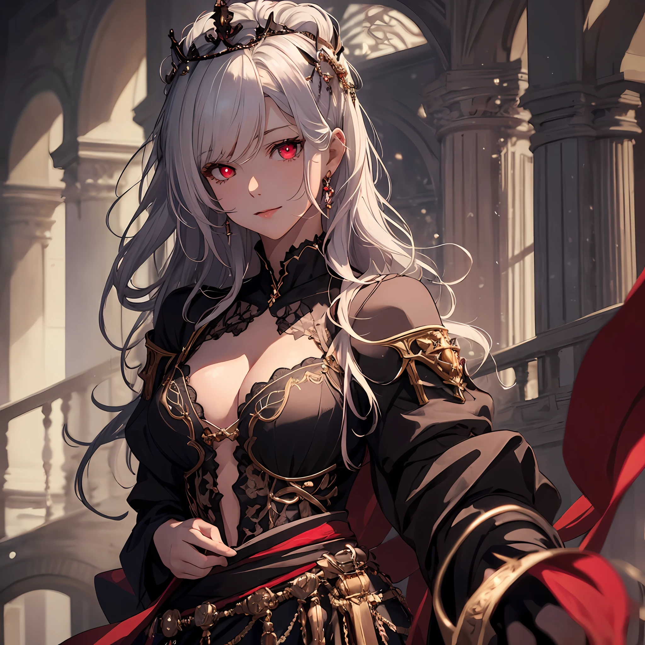 masterpiece, best quality, 1woman, adult, female focus, solo, white hair, vibrant red eyes, looking at viewer, closed mouth, bangs, Fantasy aesthetics, Highly detailed, shadowverse style, black dress, elegant queen