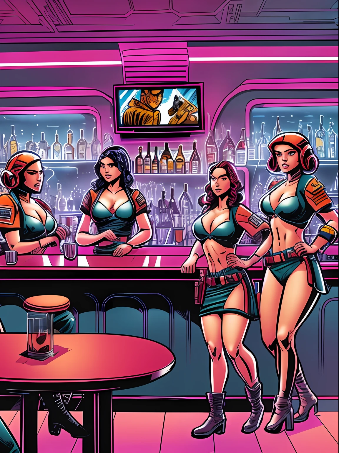 Star Wars comic book art style, A group of sexy female soldiers with perfect bodies surround the aliens,, Talk and laugh in the bar