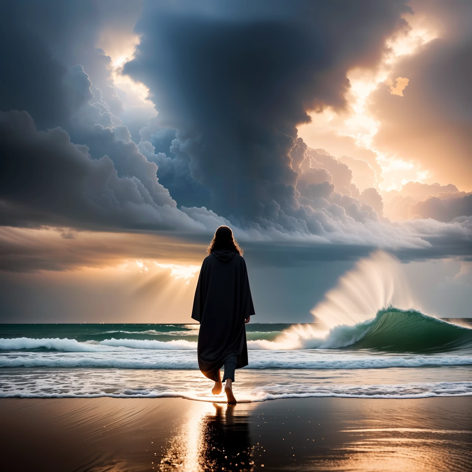 Jesus walking on water in the midst of a storm, obra-prima, melhor qualidade, alta qualidade, papel de parede 8k de unidade CG extremamente detalhado fotorrealista, extremamente detalhado, trending on ArtStation, trend at CGSociety, intrincado, alto detalhe, dramatic, arte no meio da jornada, volume illumination