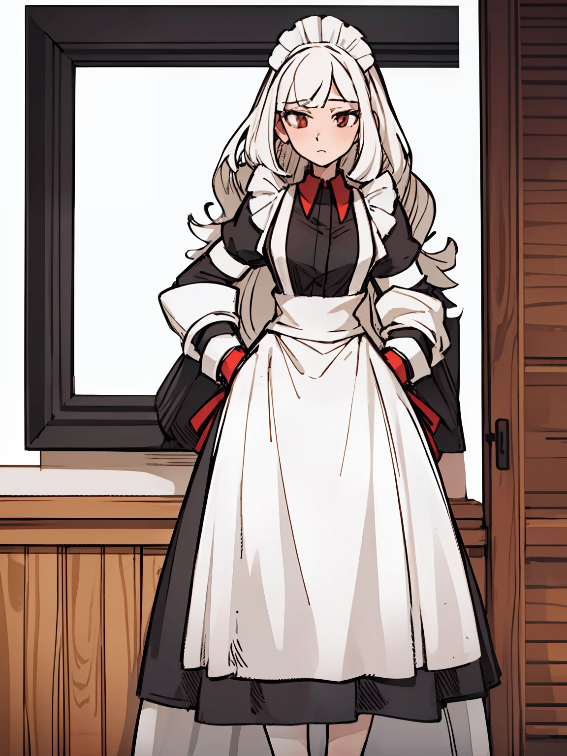 A girl frontal,CRIT,(,(A half body),(Long curly hair in white color),(the maid outfit)),Young, White background