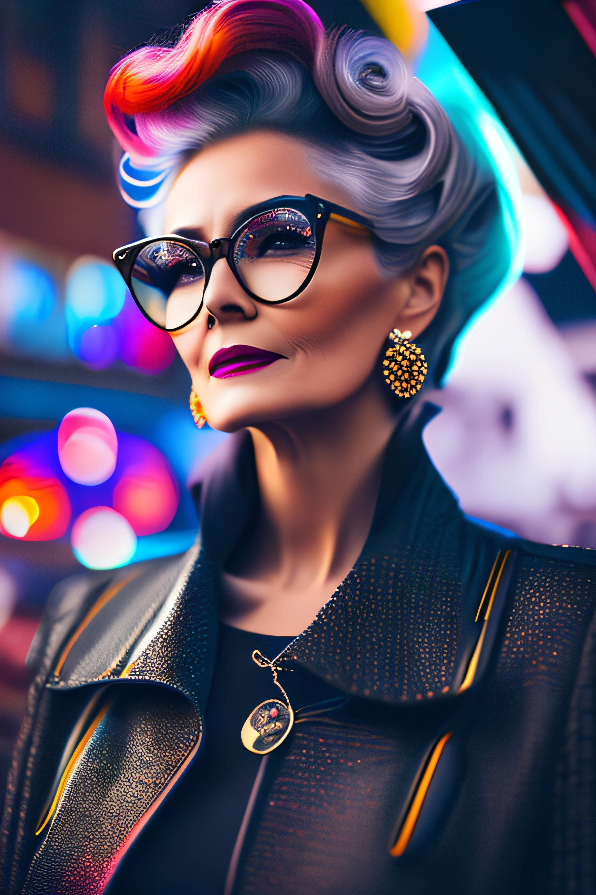 (fashionista portrait WOMAN WITH 70 YEARS, 1950s with intricate colorful modern bright vintage colored glasses), hair with colorful flowers, expression would be, (extremely detailed digital photography: 1.2), standing in the middle of the city, ((((full body)))), raw image,, Hasselblad, 50asa, f8, 12mm, glow effects, godrays, hand drawn, render, 8k, octane render, cinema 4d, blender, dark,  atmospheric 4k ultra detailed, sensual cinematic, sharp focus, very serious illustration great depth of field, masterpiece, colors, 3d octane rendering, 4k, concept art, trend in artstation, hyperrealistic, vivid colors, rim light, extremely detailed CG 8k wallpaper unit, trend in ArtStation, trend in CGSociety, Pop Art style by Yayoi Kusama, Intricate, High Detail,  dramatic, pure energy, light particles, sci-fi