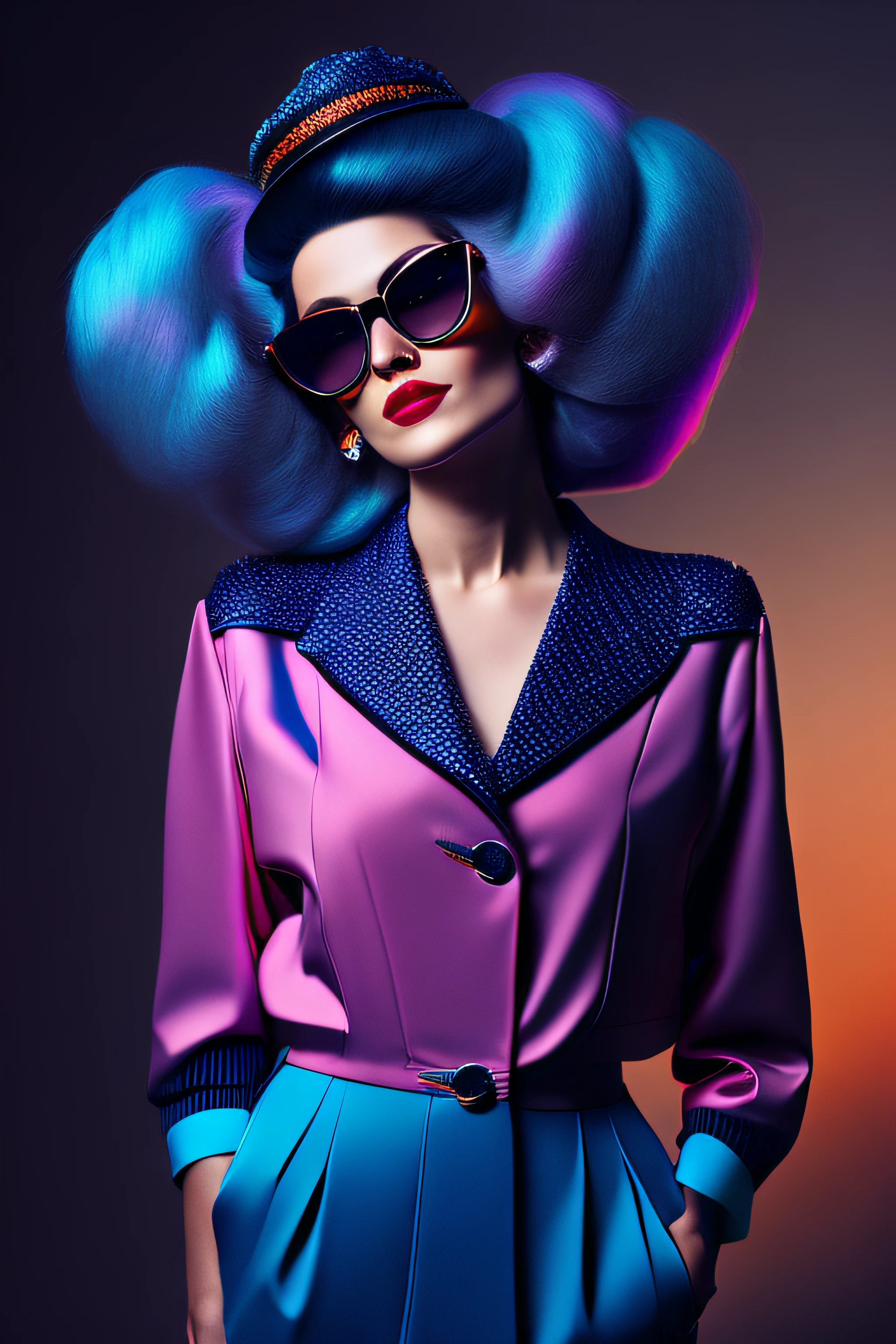 (fashionista portrait WOMAN WITH 70 YEARS, 1950s with intricate colorful modern bright vintage colored glasses), hair with colorful flowers, expression would be, (extremely detailed digital photography: 1.2), standing in the middle of the city, ((((full body)))), raw image,, Hasselblad, 50asa, f8, 12mm, glow effects, godrays, hand drawn, render, 8k, octane render, cinema 4d, blender, dark, atmospheric 4k ultra detailed, sensual cinematic, sharp focus, very serious illustration great depth of field, masterpiece, colors, 3d octane rendering, 4k, concept art, trend in artstation, hyperrealistic, vivid colors, rim light, extremely detailed CG 8k wallpaper unit, trend in ArtStation, trend in CGSociety, Pop Art style by Yayoi Kusama, Intricate, High Detail, dramatic, pure energy, light particles, sci-fi