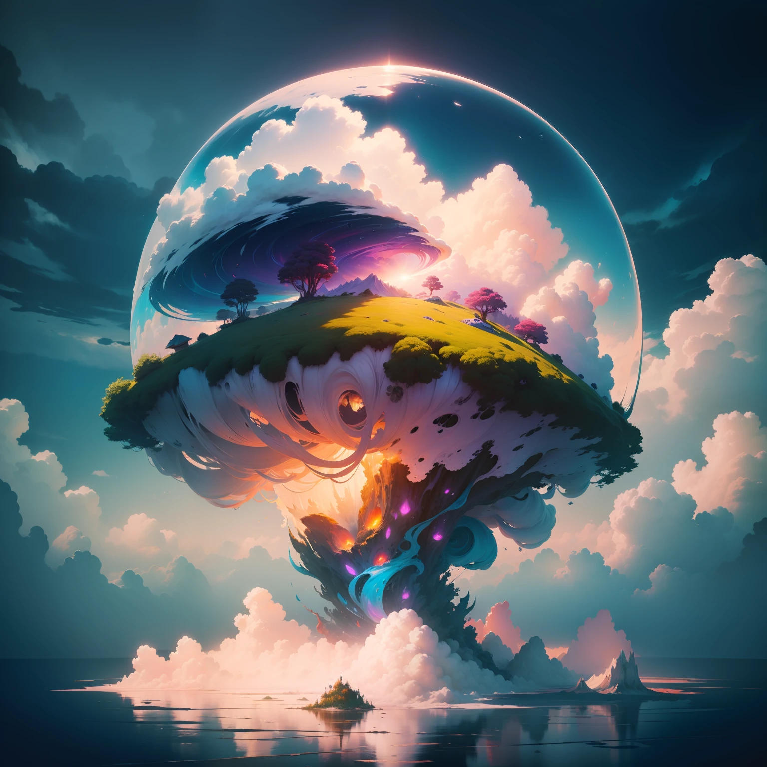 A floating island enveloped in a swirling storm of paintbrush strokes, with colors mixing and merging, creating an ever-changing canvas. 8k