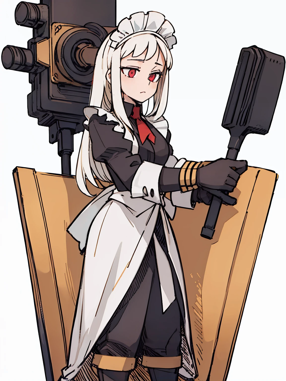 A girl frontal,CRIT,(,(A half body),(Long curly white hair),(the maid outfit)),Young, White background