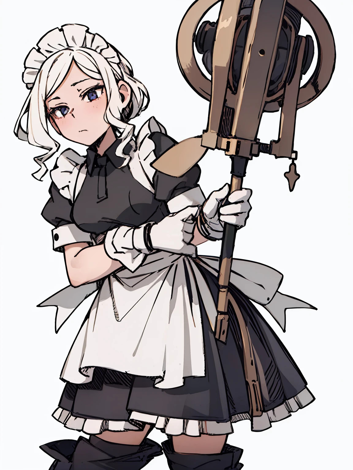 A girl frontal,CRIT,(,(A half body),(Long curly white hair),(the maid outfit)),Young, White background
