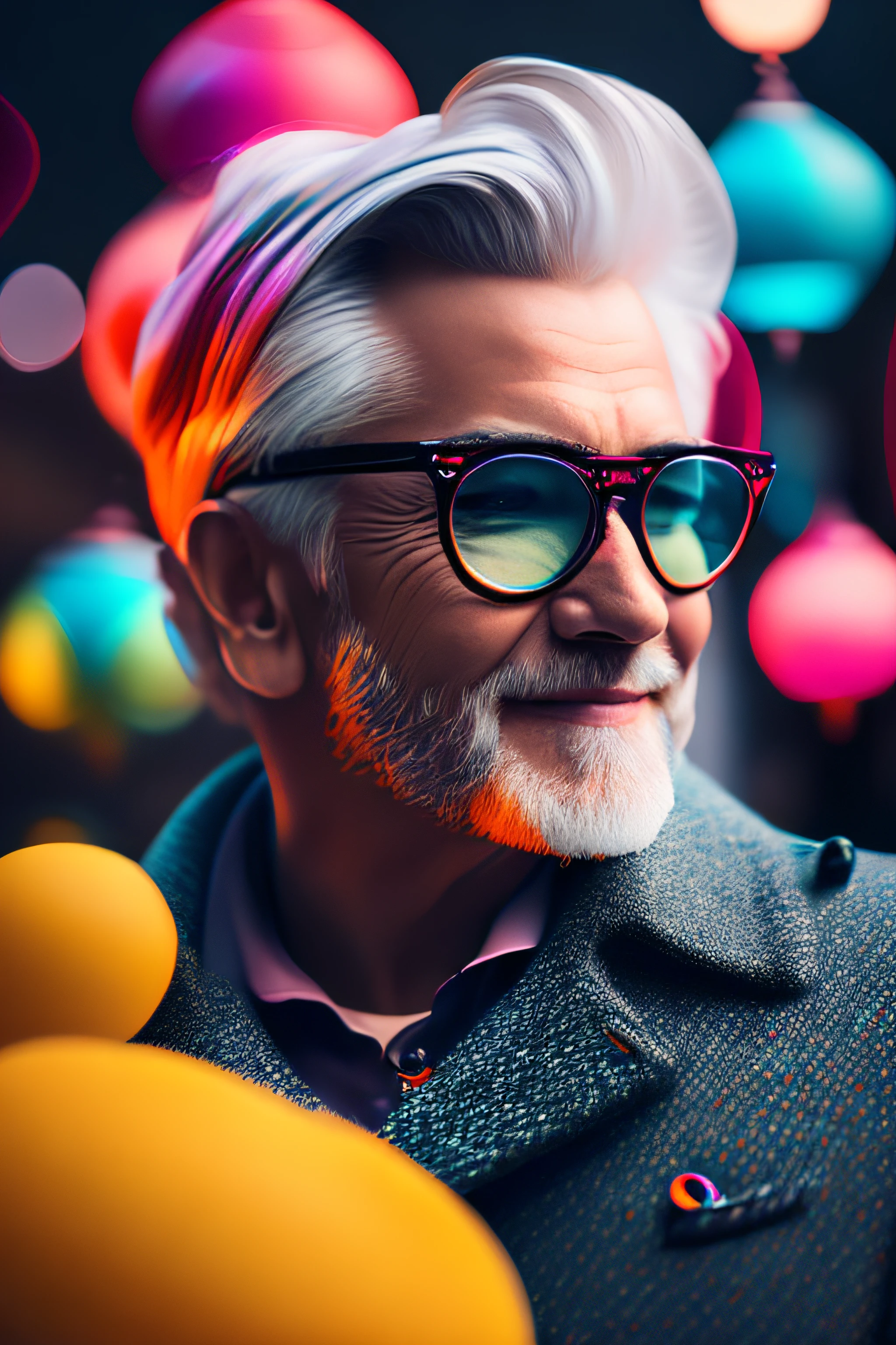 (fashionista portrait middle-aged man of the 1950s with intricate colorful modern bright colored glasses), c0lorful cute hair, smiling expression, (extremely detailed digital photography: 1.2), standing in the middle of the city, ((((full body)))), raw image,, Hasselblad, 50asa, f8, 12mm, glow effects, godrays, hand drawn, render, 8k, octane render, cinema 4d, blender, dark, atmospheric 4k ultra detailed, sensual cinematic, sharp focus, humorous illustration, great depth of field, masterpiece, colors, 3d octane rendering, 4k, concept art, trend in artstation, hyperrealistic, vivid colors, rim light, extremely detailed CG 8k wallpaper unit, trend in ArtStation, trend in CGSociety, Pop Art style by Yayoi Kusama, Intricate, High Detail, dramatic
, pure energy, light particles, sci-fi