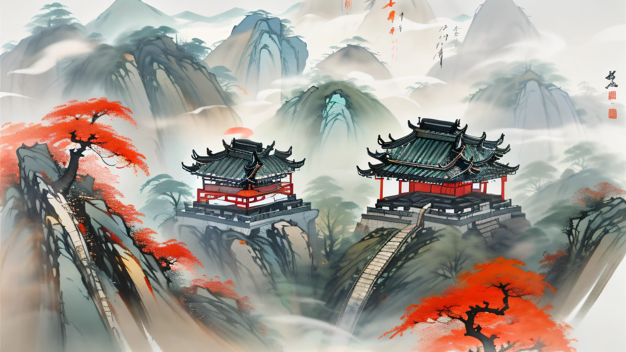 Wuyi Mountain, [(white background:1.5)::5], medium view, green, cooking smoke, Chinese style, flowers, ((Da Hong Pao)), stone fragments, Fujian Wuyi Mountain Lingxiu scenery