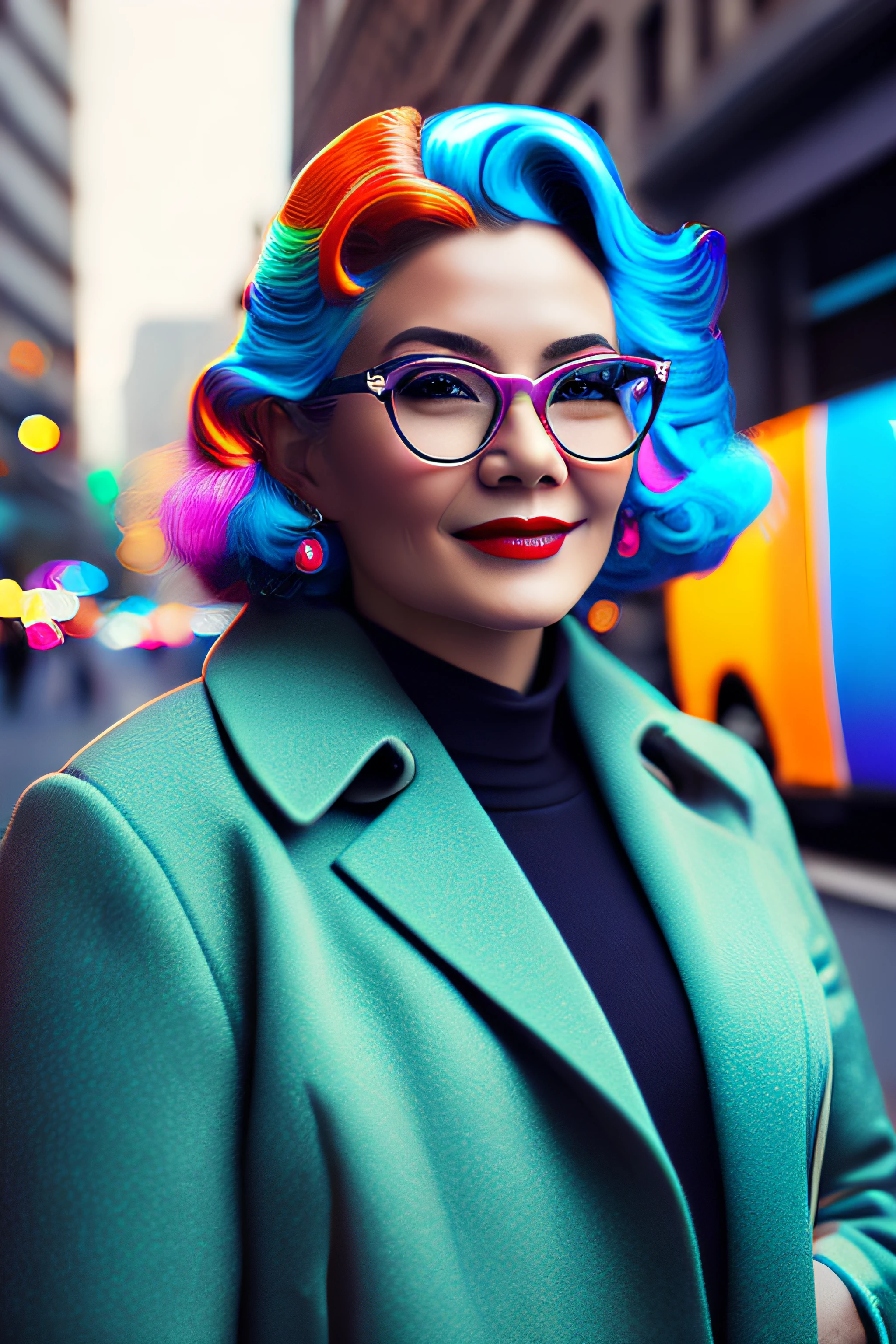 (fashionista portrait middle-aged man of the 1950s with intricate colorful modern bright colored glasses), c0lorful cute hair, smiling expression, (extremely detailed digital photography: 1.2), standing in the middle of the city, ((((full body)))), raw image,, Hasselblad, 50asa, f8, 12mm, glow effects, godrays, hand drawn, render, 8k, octane render, cinema 4d, blender, dark, atmospheric 4k ultra detailed, sensual cinematic, sharp focus, humorous illustration, great depth of field, masterpiece, colors, 3d octane rendering, 4k, concept art, trend in artstation, hyperrealistic, vivid colors, rim light, extremely detailed CG 8k wallpaper unit, trend in ArtStation, trend in CGSociety, Pop Art style by Yayoi Kusama, Intricate, High Detail, dramatic
, pure energy, light particles, sci-fi