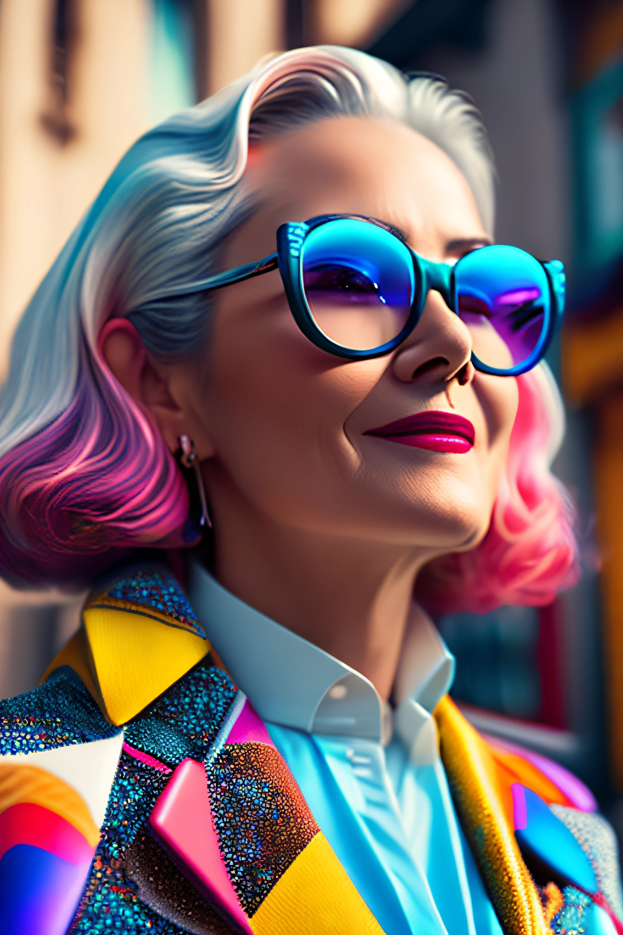 (fashionista portrait middle-aged man of the 1950s with intricate colorful modern bright colored glasses), c0lorful cute hair, smiling expression, (extremely detailed digital photography: 1.2), standing in the middle of the city, ((((full body)))), raw image,, Hasselblad, 50asa, f8, 12mm, glow effects, godrays, hand drawn, render, 8k, octane render, cinema 4d, blender, dark, atmospheric 4k ultra detailed,  sensual cinematic, sharp focus, humorous illustration, great depth of field, masterpiece, colors, 3d octane rendering, 4k, concept art, trend in artstation, hyperrealistic, vivid colors, rim light, extremely detailed CG 8k wallpaper unit, trend in ArtStation, trend in CGSociety, Pop Art style by Yayoi Kusama, Intricate, High Detail, dramatic
, pure energy, light particles, sci-fi