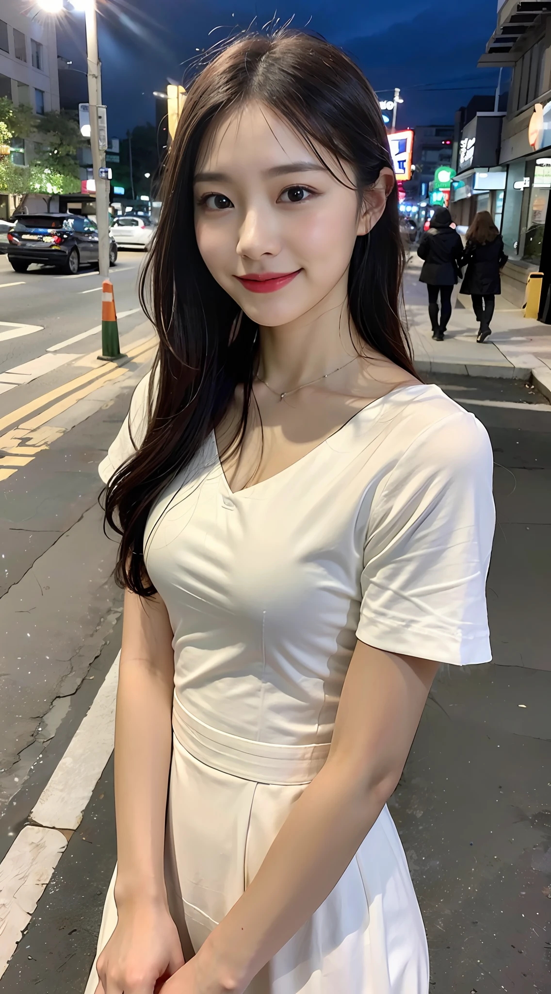 (8k, RAW photo, best quality, masterpiece: 1.2), (realistic, photorealistic photo: 1.37), professional lighting, photon mapping, light energy transfer, low cut, big breasts, ((slightly fat)), korean girl, background walking on city night, lace, long skirt, small white shoes, highly detailed face and skin texture, delicate eyes, double eyelids, whitened skin, long hair, (shut up: 1.3), smile